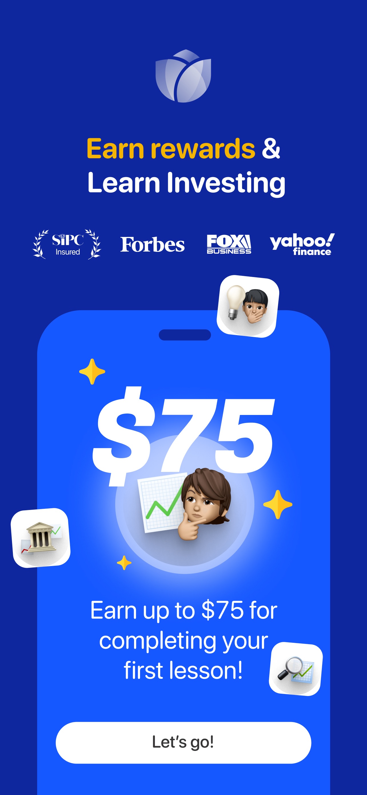 Bloom App Store screenshot: Earn rewards & Learn Investing Earn up to $75 for completing your first lesson!