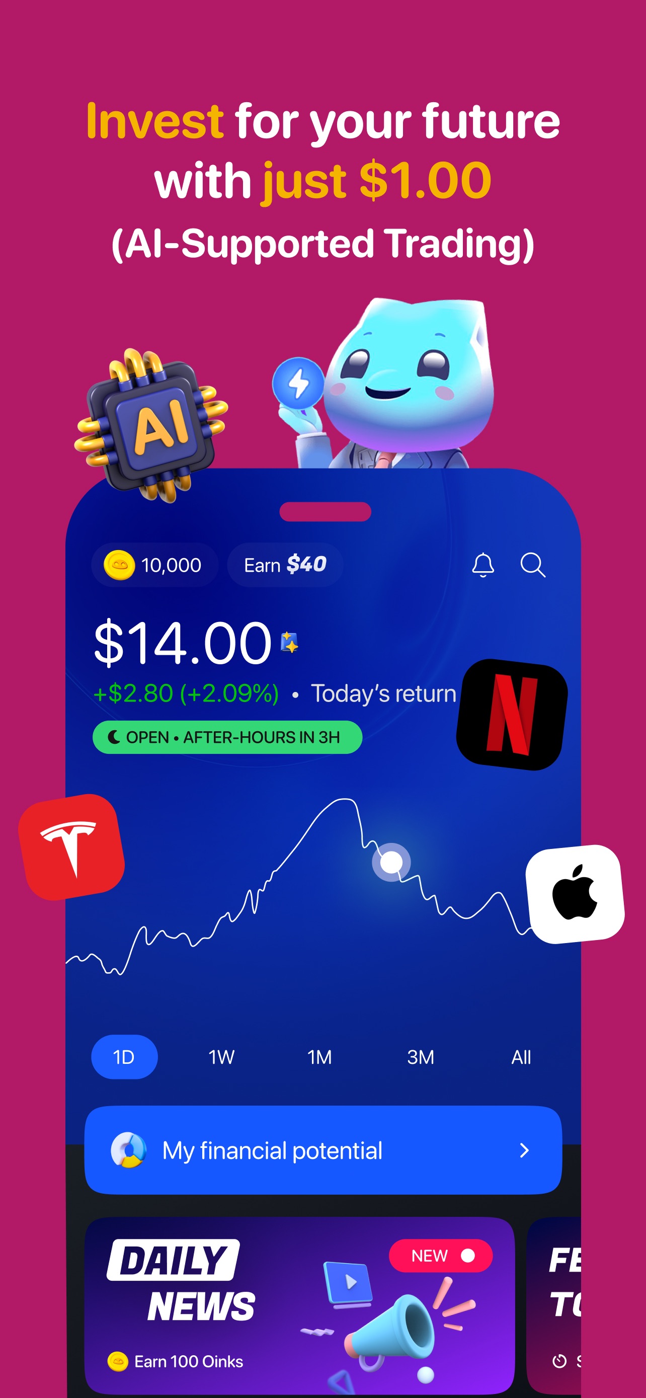 Bloom App Store screenshot: Invest for your future with just $1.00 (AI-Supported Trading)