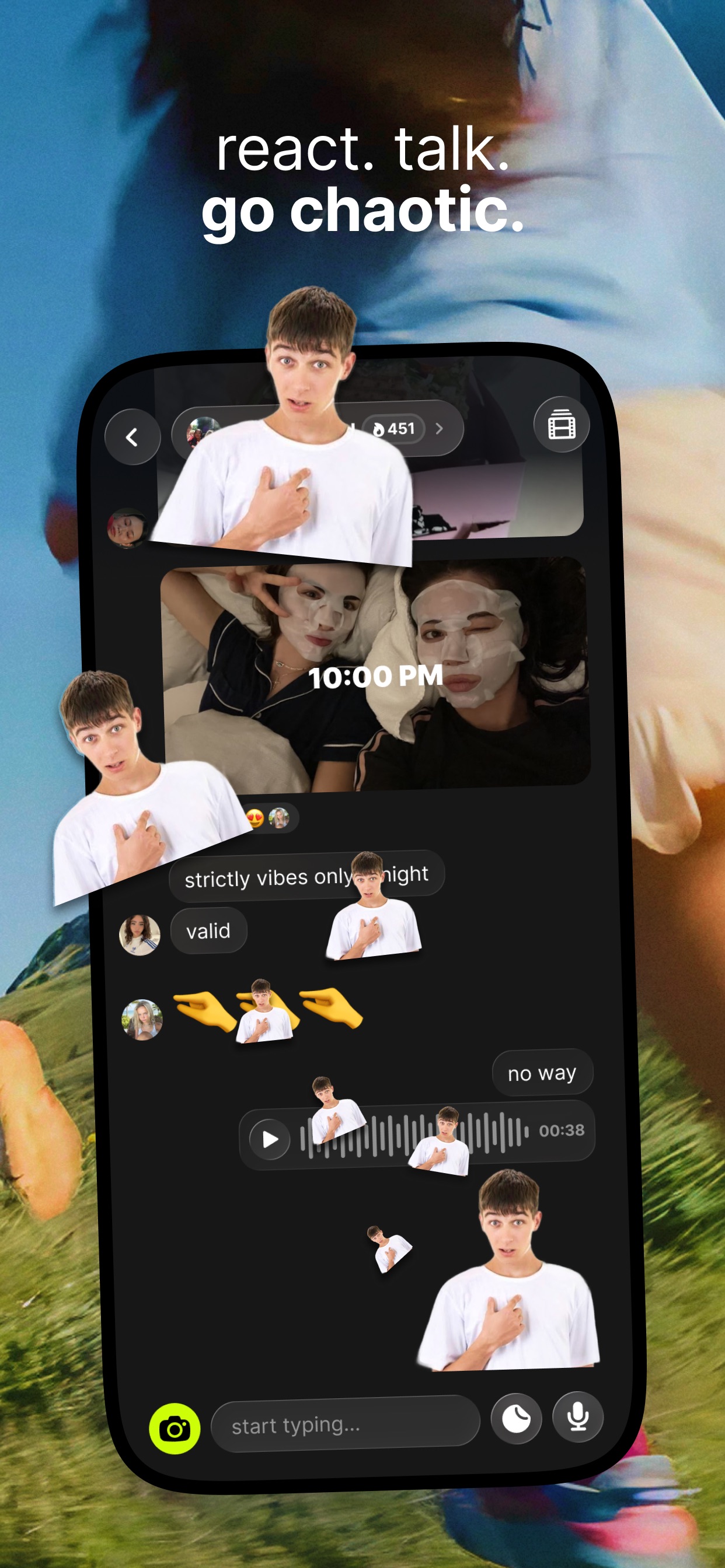 yope App Store screenshot: react. talk. go chaotic.