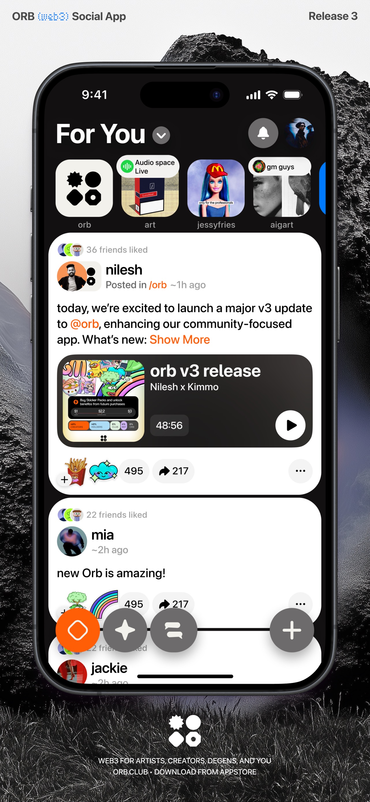 Orb Social App Store screenshot: ORB (web3) Social App Release 3 WEB3 FOR ARTISTS, CREATORS, DEGENS, AND YOU ORB.CLUB • DOWNLOAD FROM APPSTORE