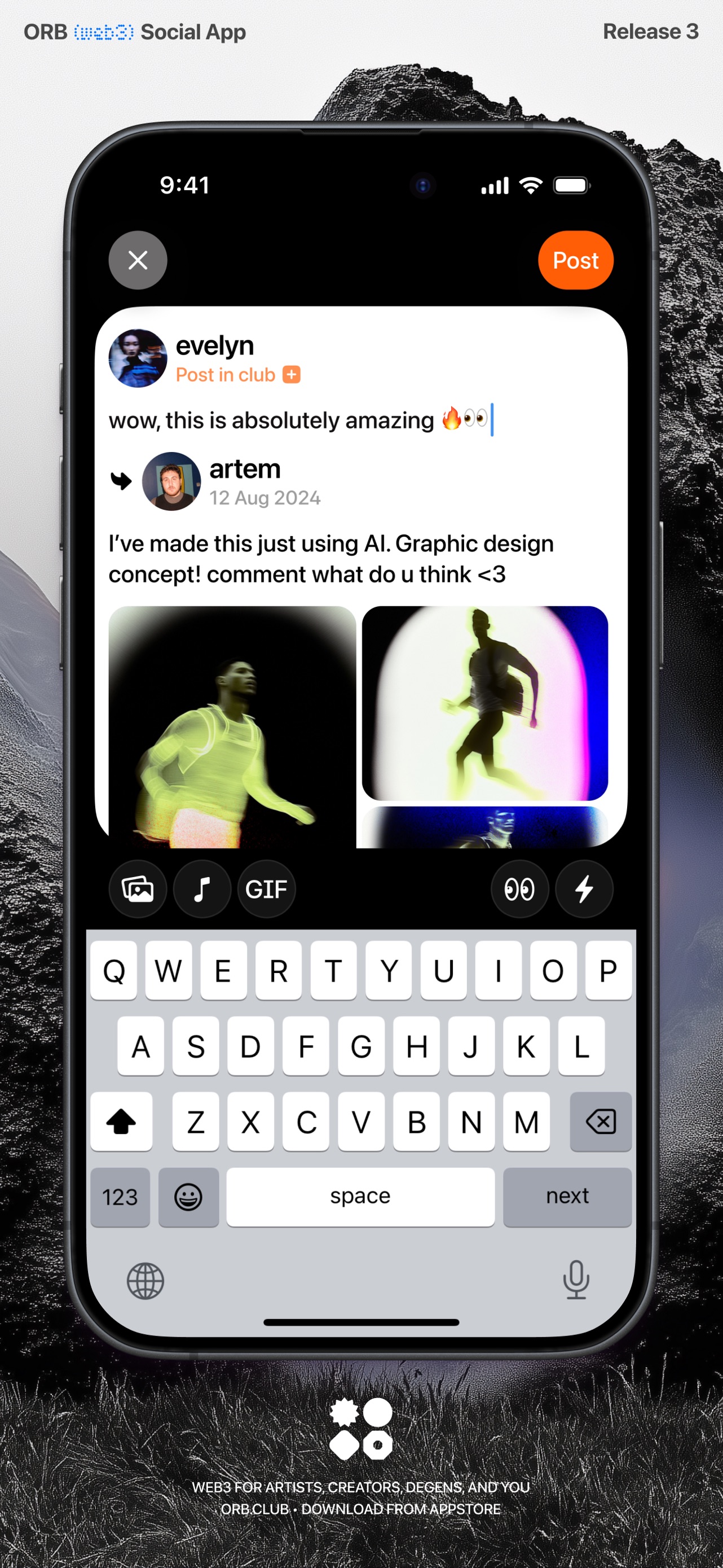 Orb Social App Store screenshot: ORB (web3) Social App Release 3 WEB3 FOR ARTISTS, CREATORS, DEGENS, AND YOU ORB.CLUB • DOWNLOAD FROM APPSTORE