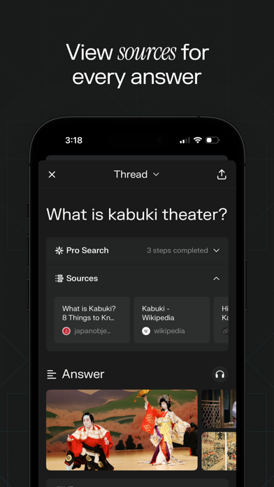 Perplexity App Store screenshot 7: View sources for every answer