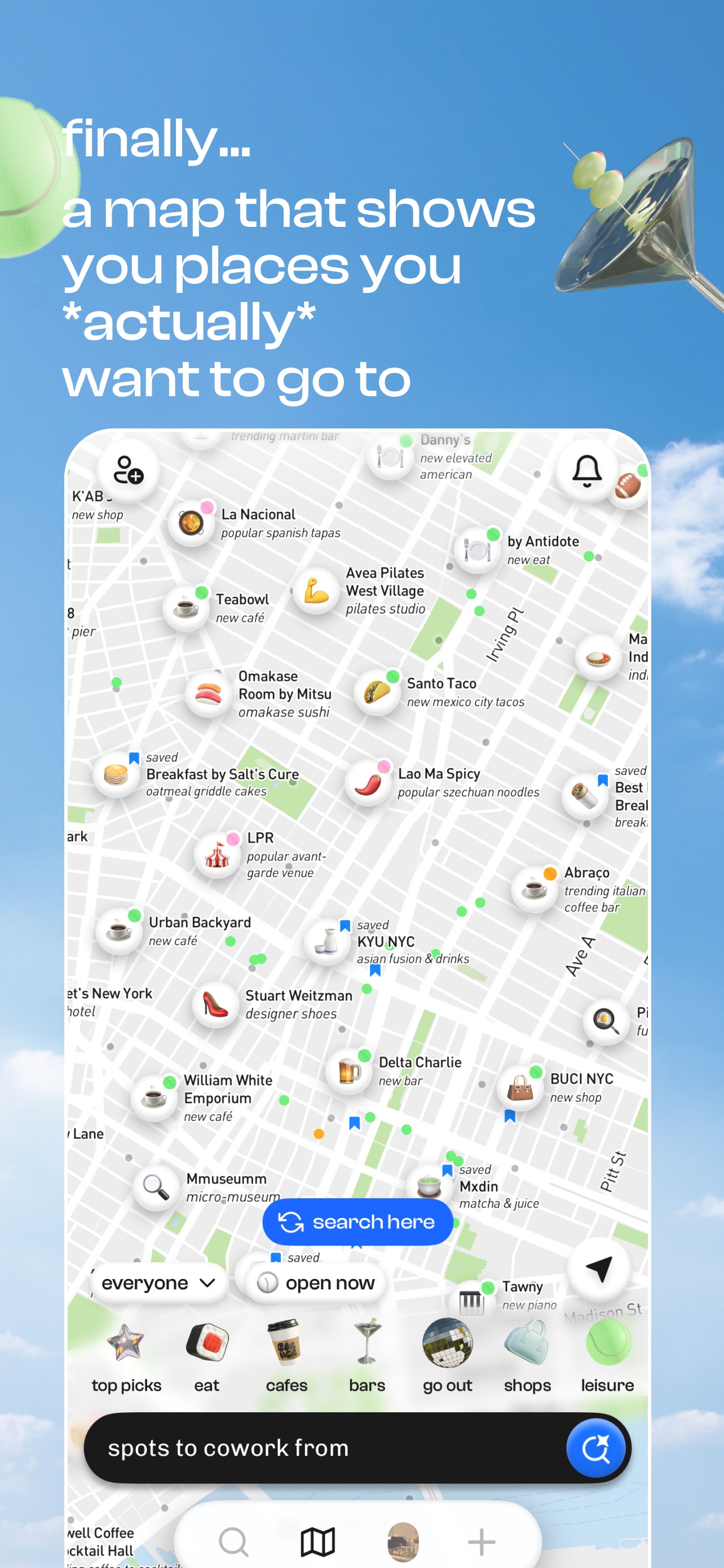 Corner App Store screenshot: finally...
a map that shows
you places you
*actually*
want to go to