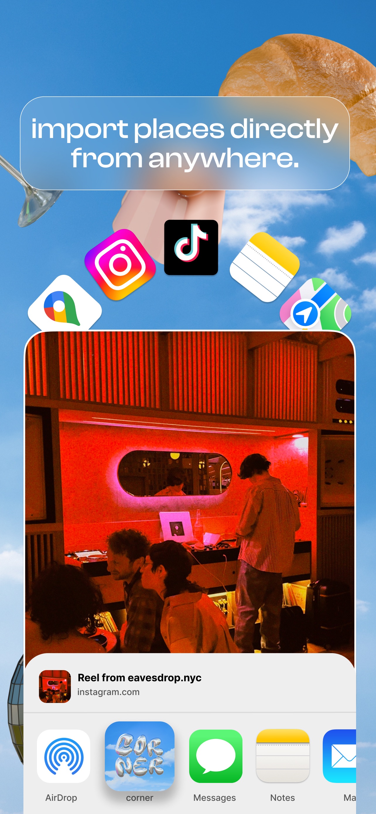 Corner App Store screenshot: import places directly from anywhere.