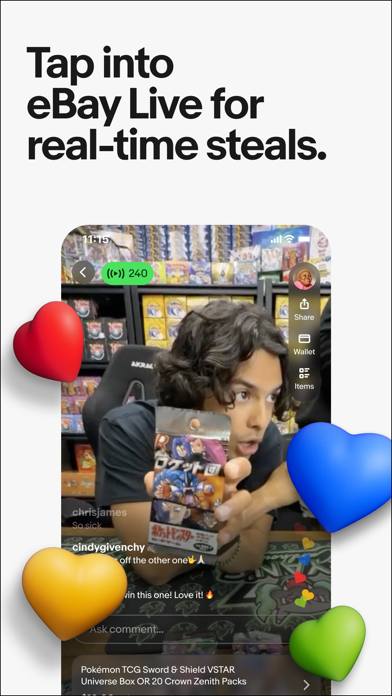 eBay App Store screenshot: Tap into eBay Live for real-time steals.