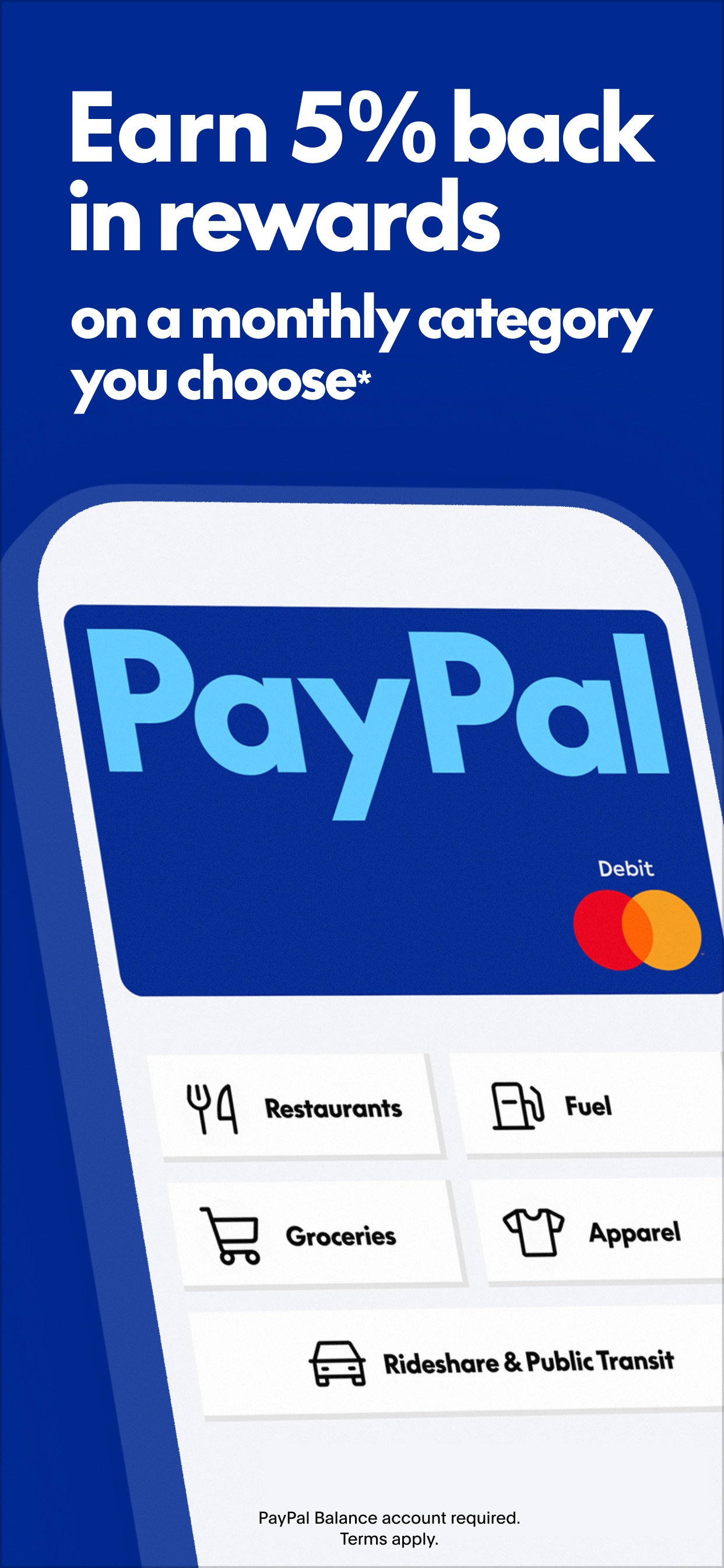 PayPal App Store screenshot: Earn 5% back in rewards on a monthly category you choose*