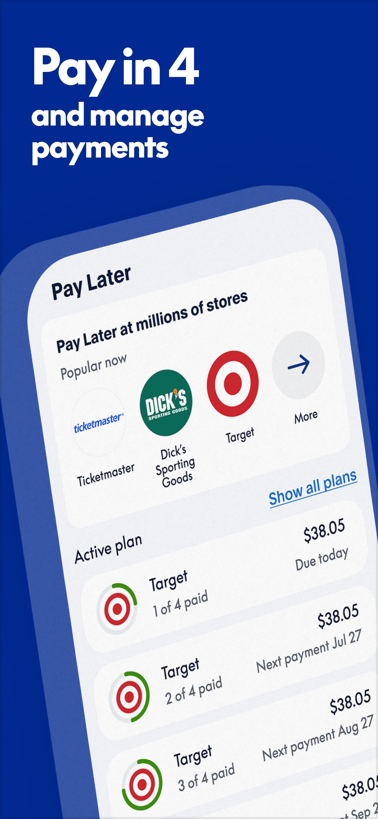 PayPal App Store screenshot: Pay in 4 and manage payments