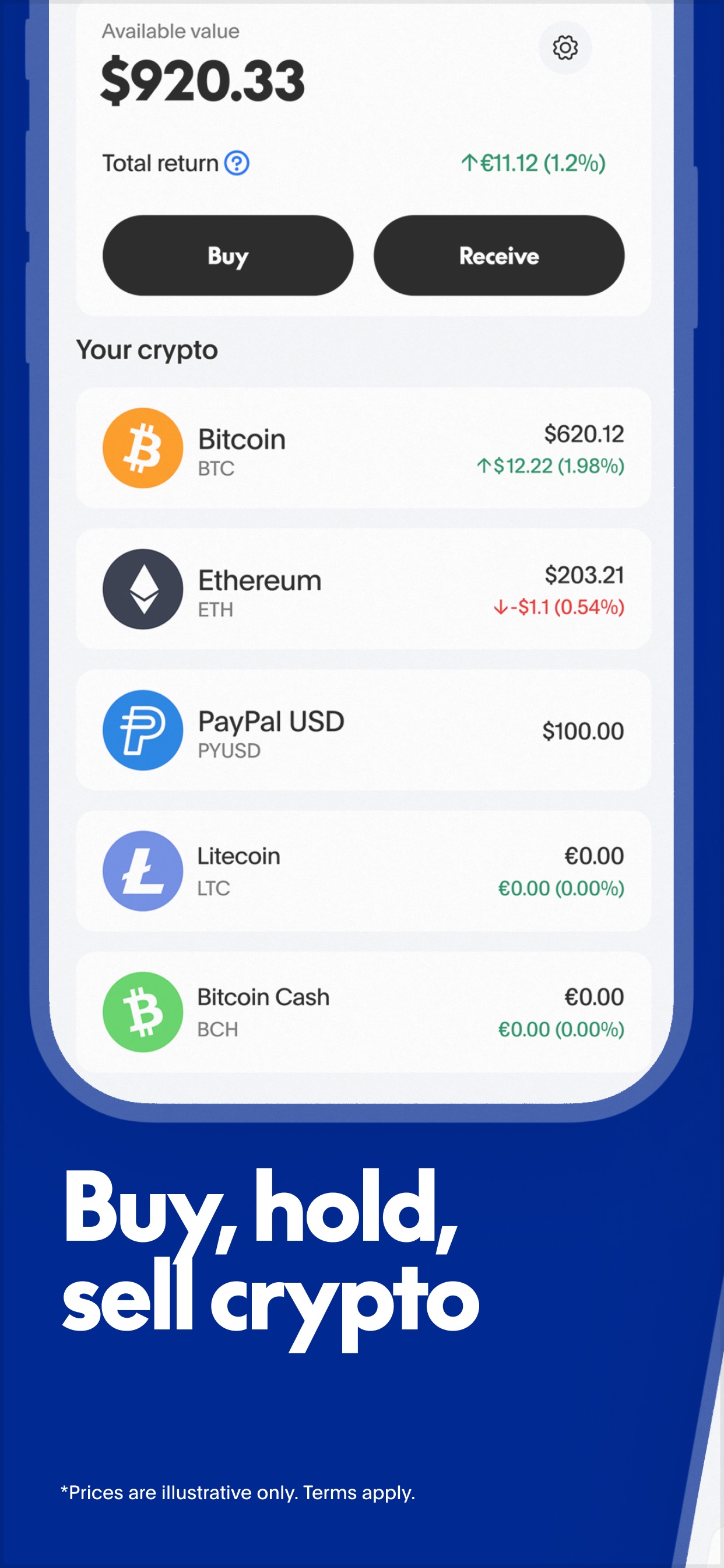 PayPal App Store screenshot: Buy, hold, sell crypto