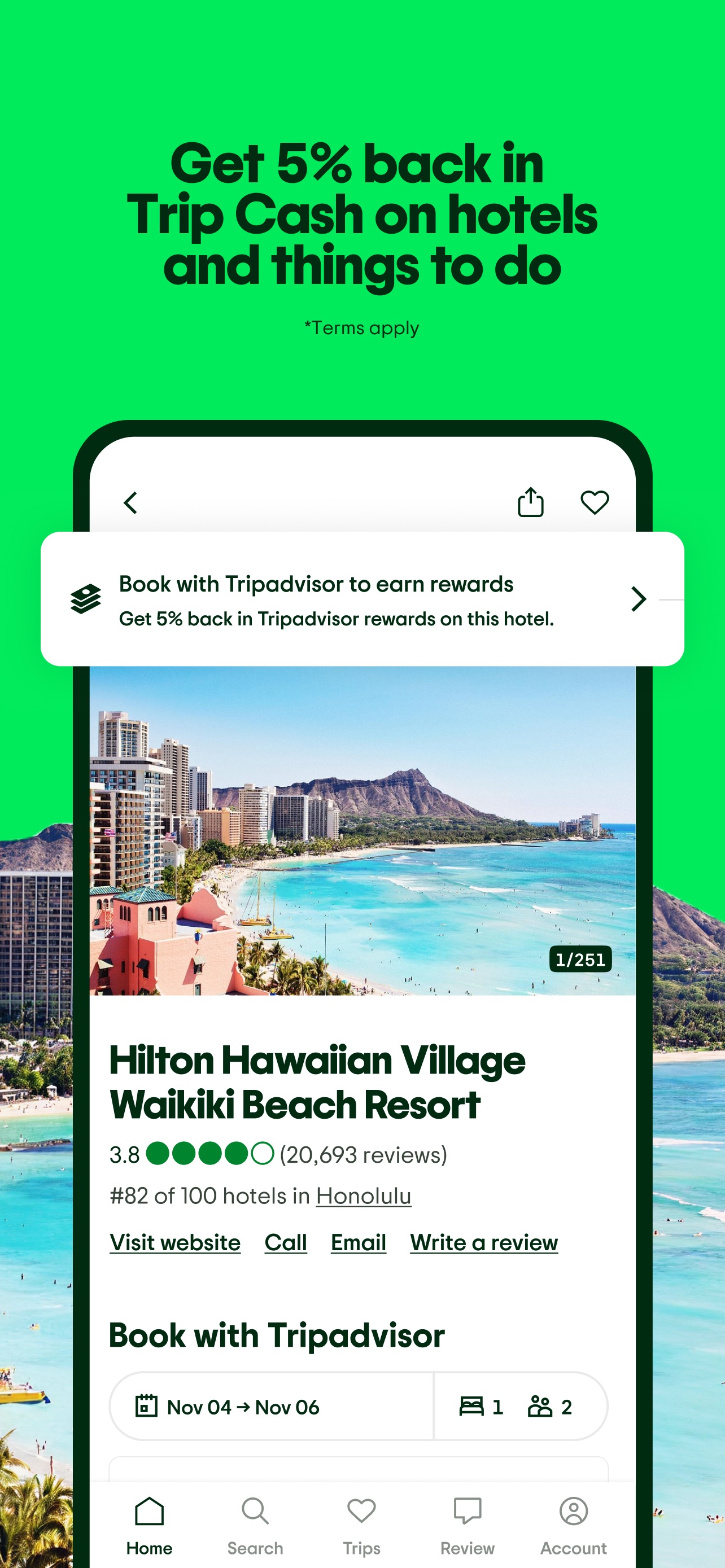 Tripadvisor App Store screenshot: Get 5% back in Trip Cash on hotels and things to do
