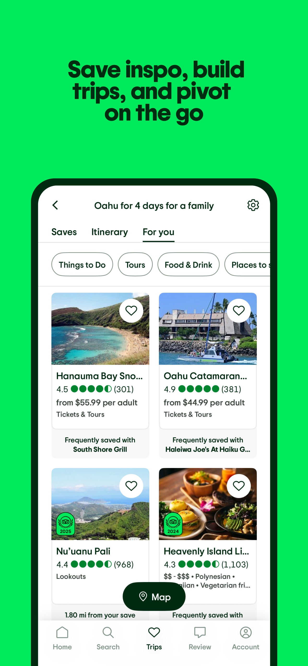 Tripadvisor App Store screenshot 5: Save inspo, build trips, and pivot on the go
