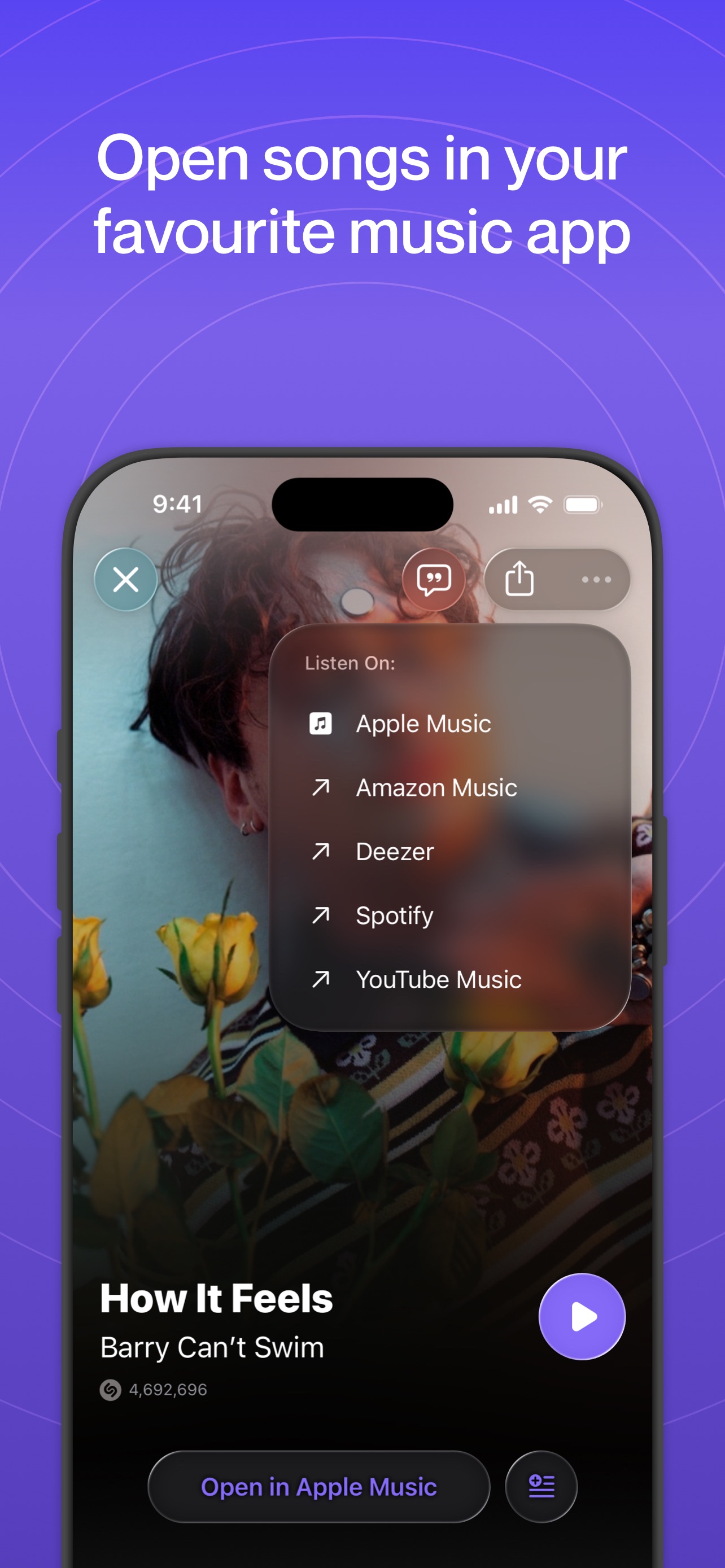 Shazam App Store screenshot 7: Open songs in your favourite music app