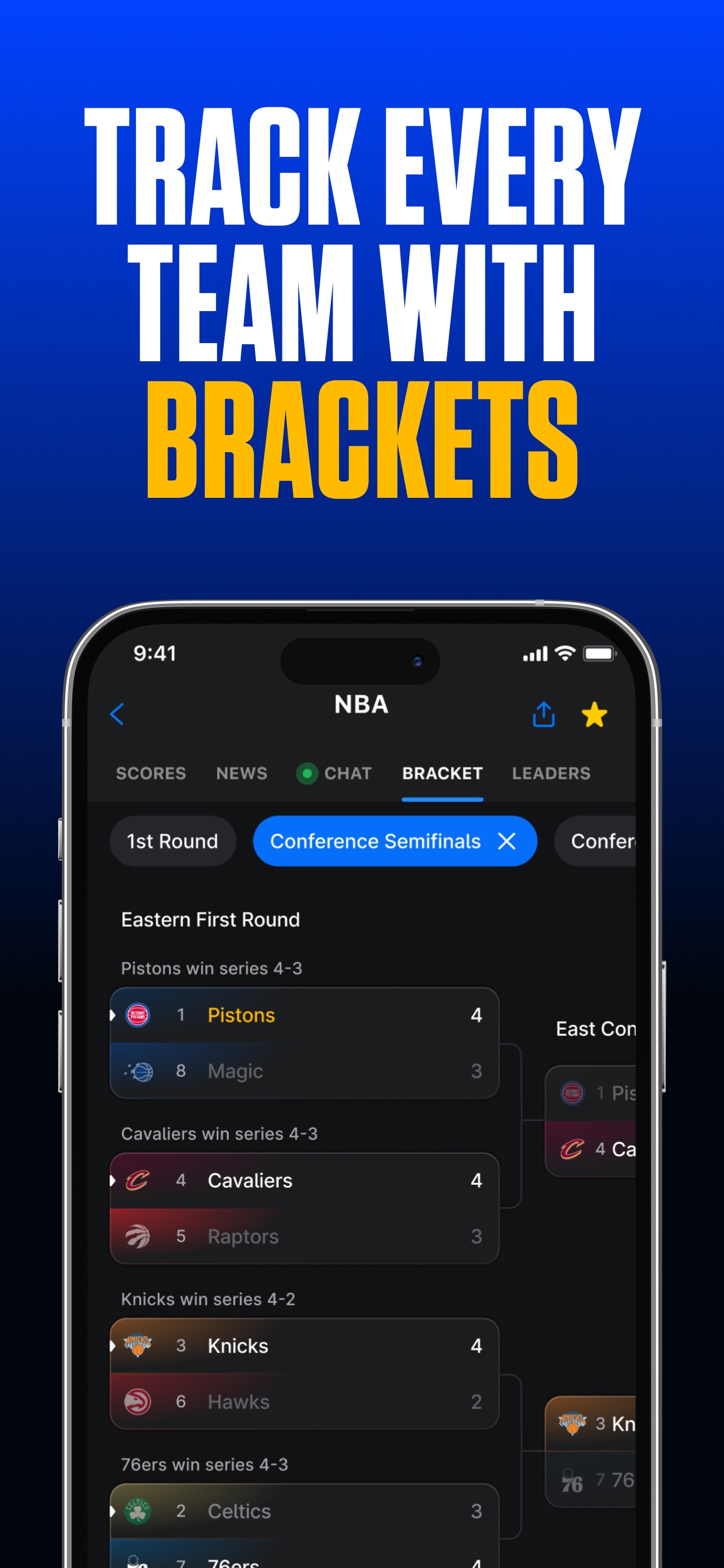 theScore App Store screenshot 6: TRACK EVERY TEAM WITH BRACKETS