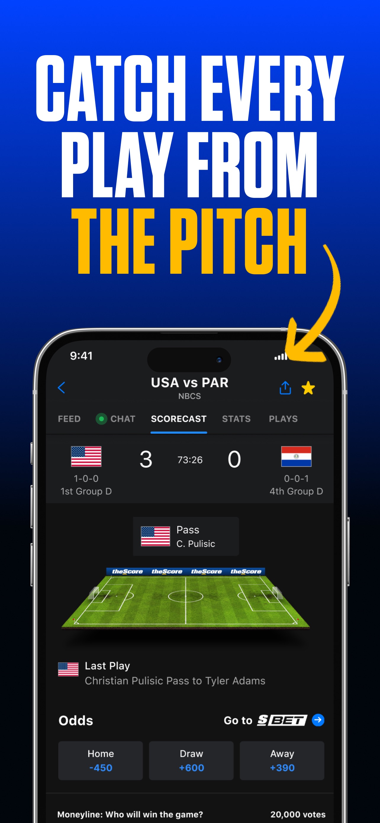 theScore App Store screenshot: CATCH EVERY PLAY FROM THE PITCH