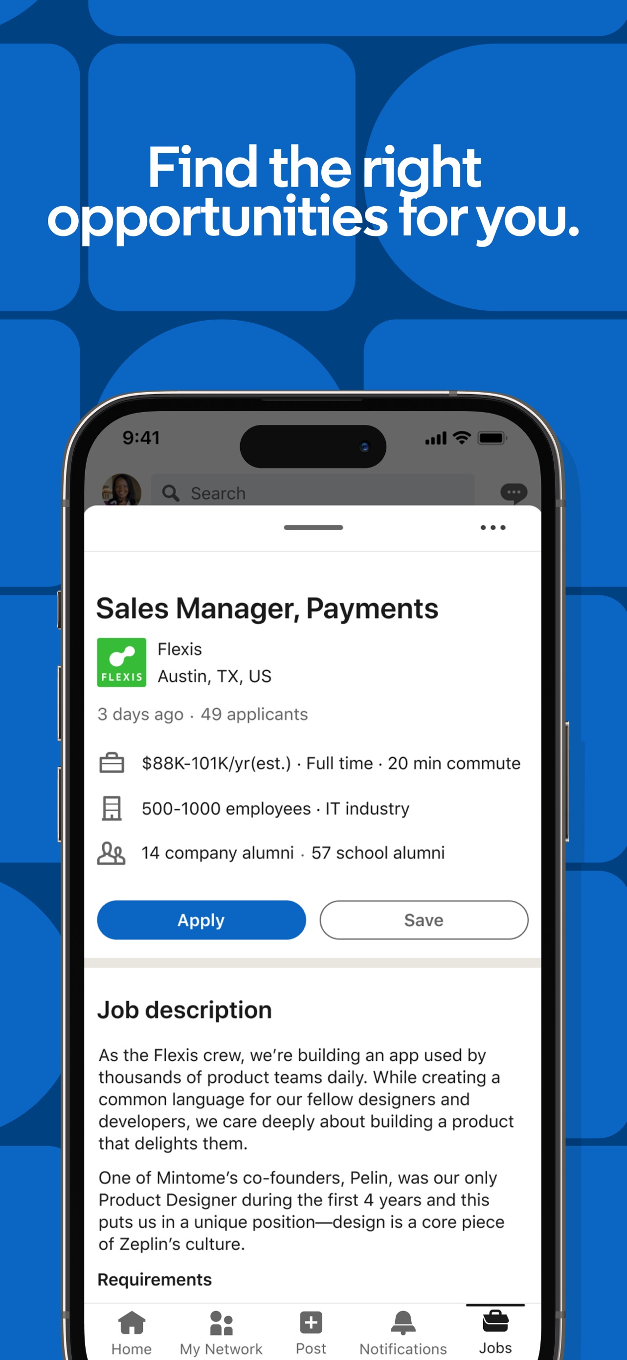 LinkedIn App Store screenshot: Find the right opportunities for you.