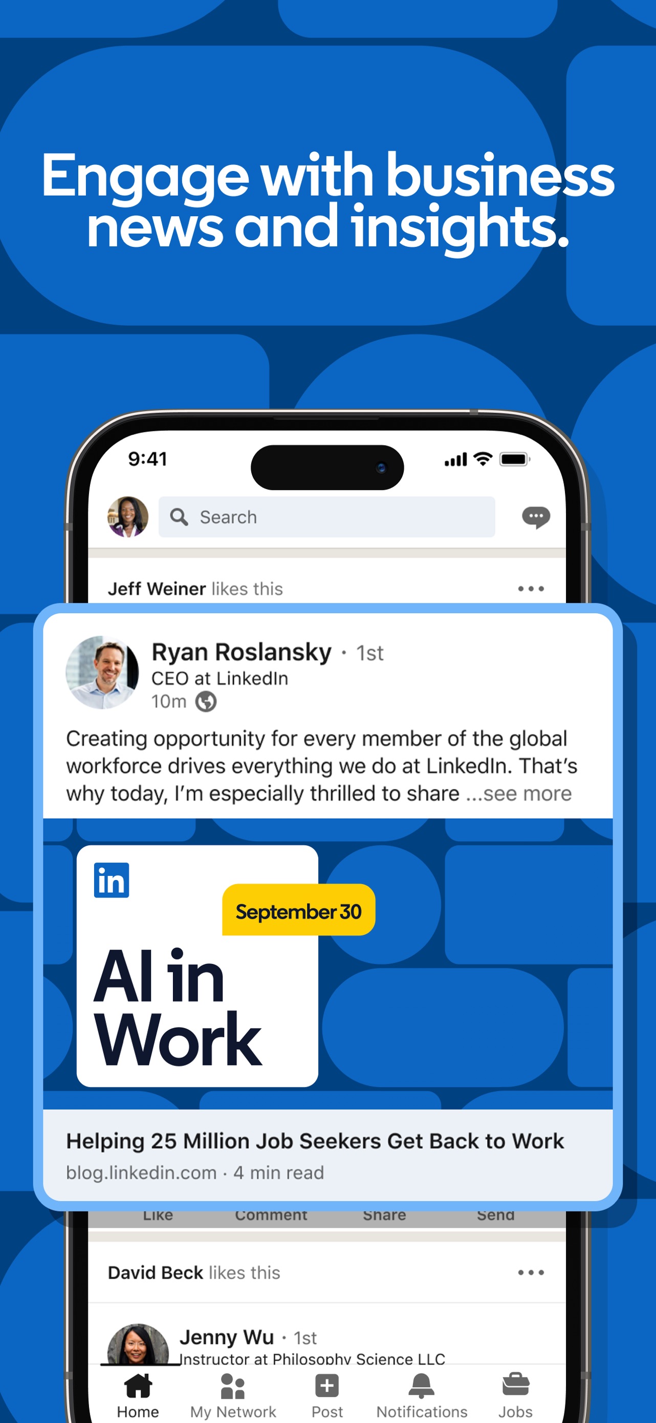 LinkedIn App Store screenshot: Engage with business news and insights.