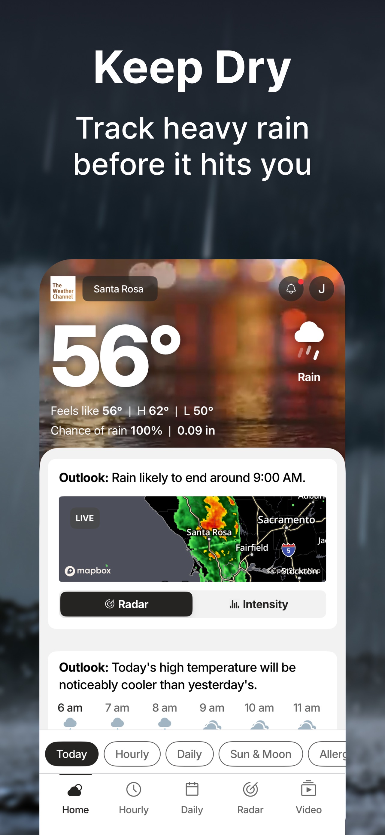 The Weather Channel App Store screenshot: Keep Dry Track heavy rain before it hits you