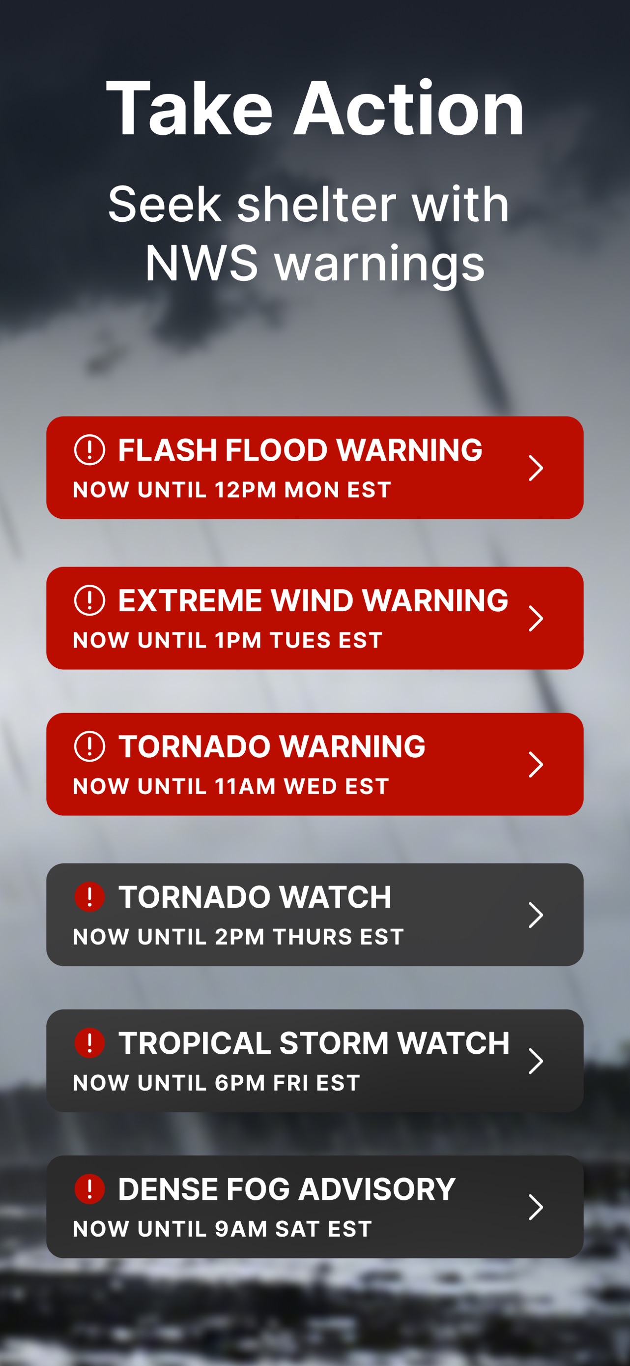 The Weather Channel App Store screenshot: Take Action Seek shelter with NWS warnings