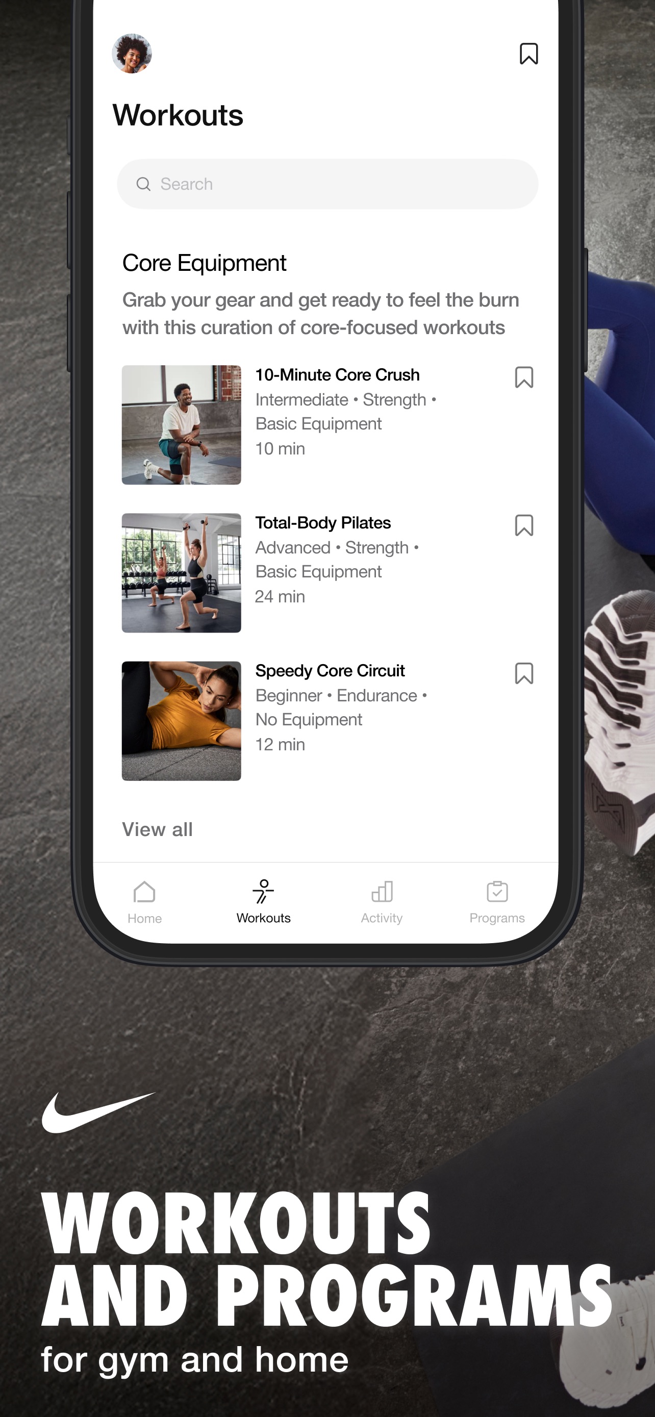 Nike Training Club App Store screenshot: WORKOUTS AND PROGRAMS for gym and home