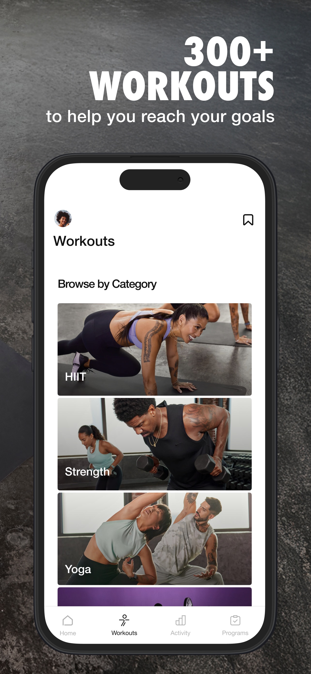 Nike Training Club App Store screenshot: 300+ WORKOUTS to help you reach your goals
