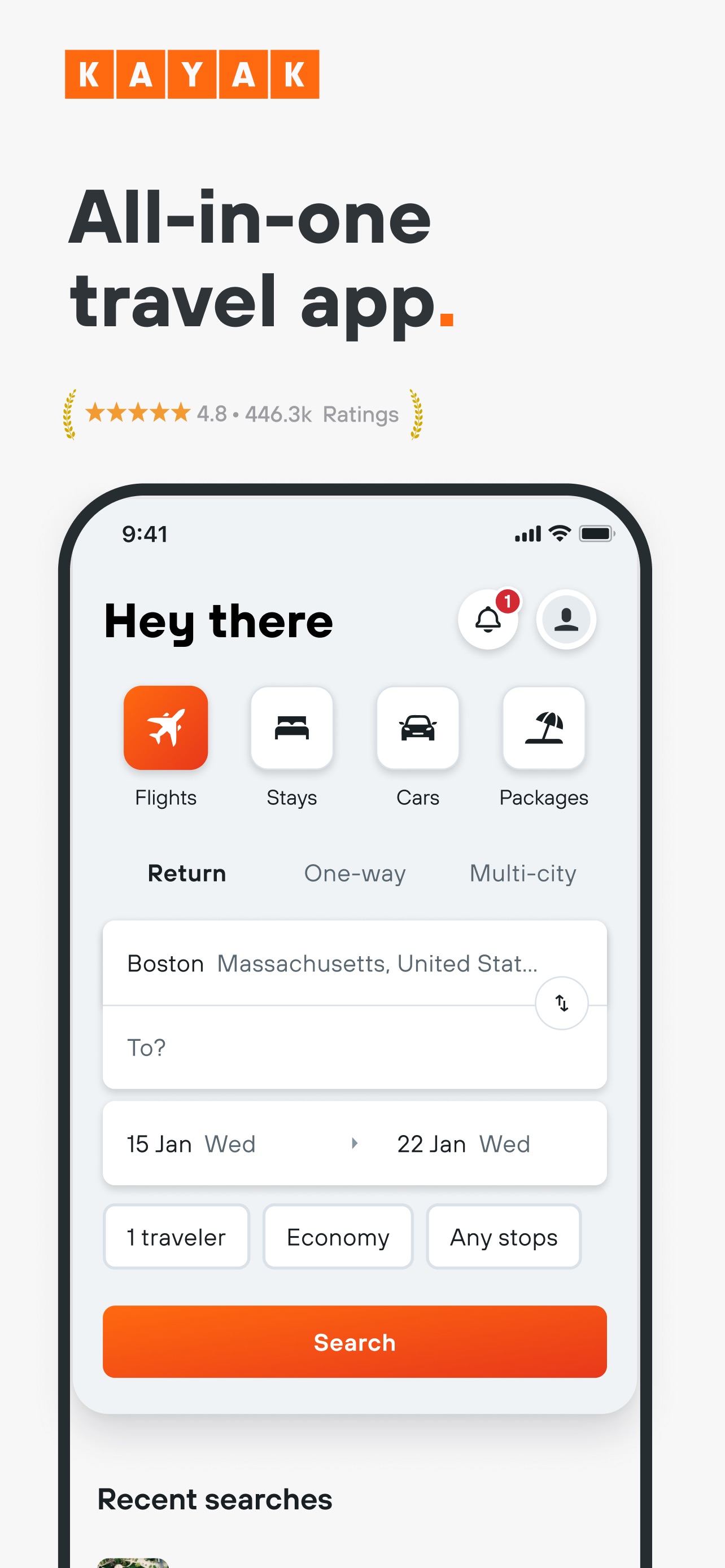KAYAK App Store screenshot: All-in-one travel app.