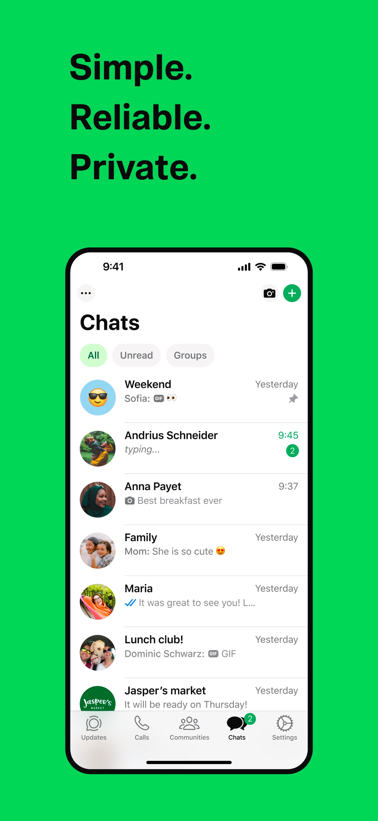 WhatsApp App Store screenshot: Simple. Reliable. Private.