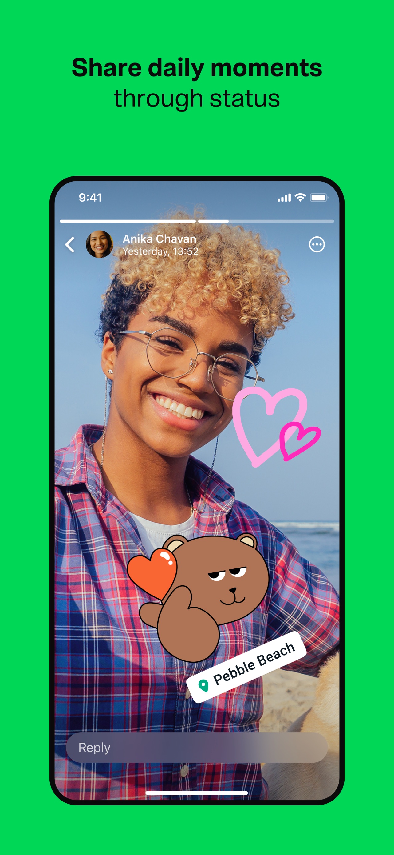 WhatsApp App Store screenshot: Share daily moments through status