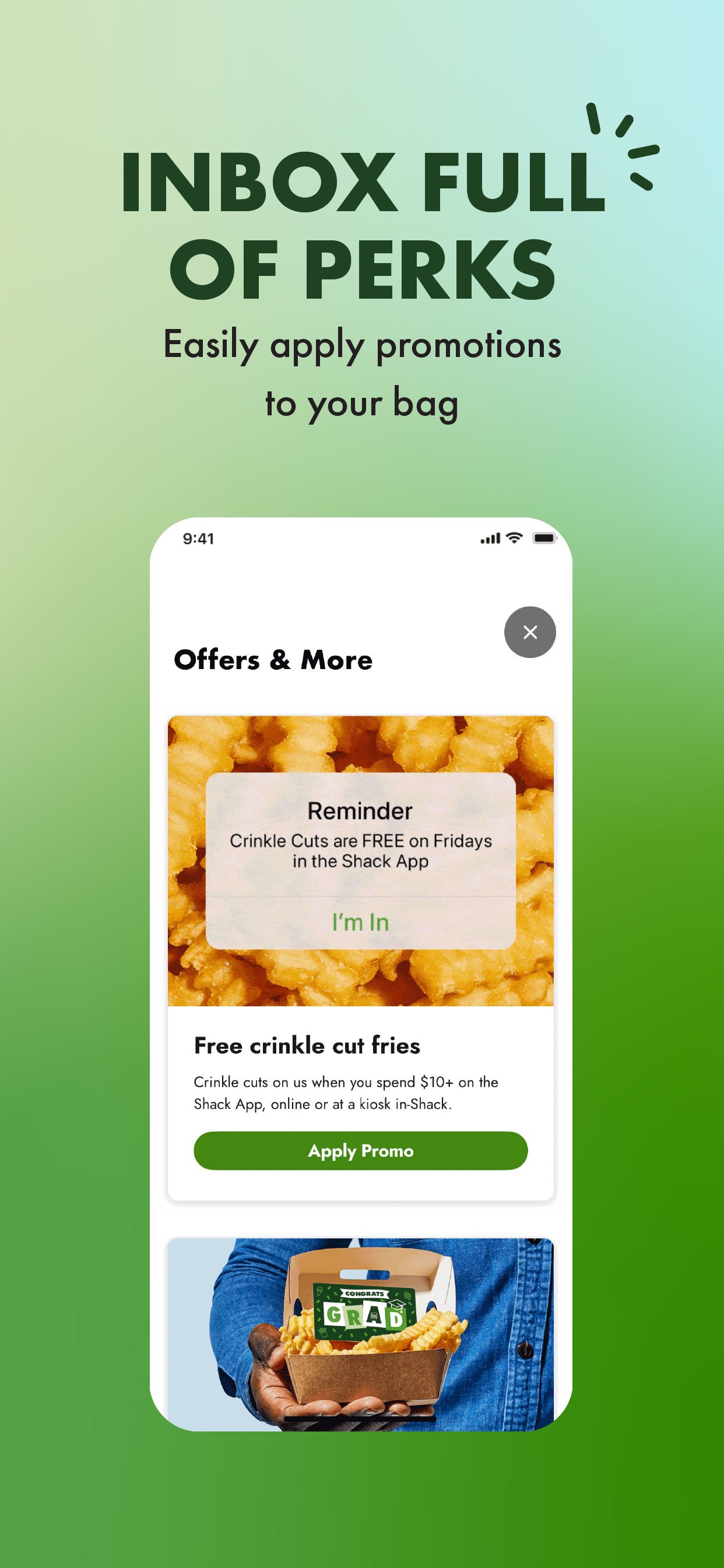 Shake Shack App Store screenshot: INBOX FULL OF PERKS Easily apply promotions to your bag