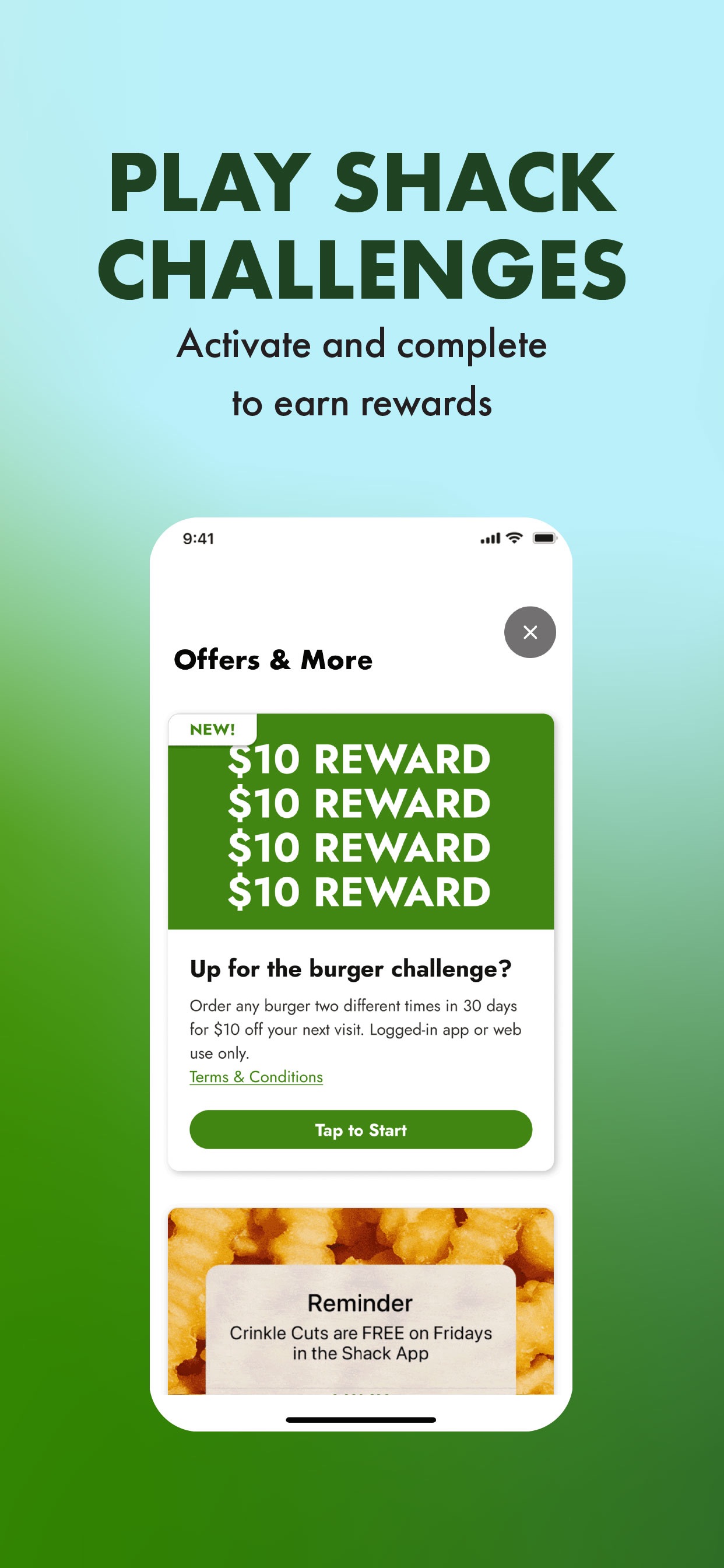 Shake Shack App Store screenshot: PLAY SHACK CHALLENGES Activate and complete to earn rewards