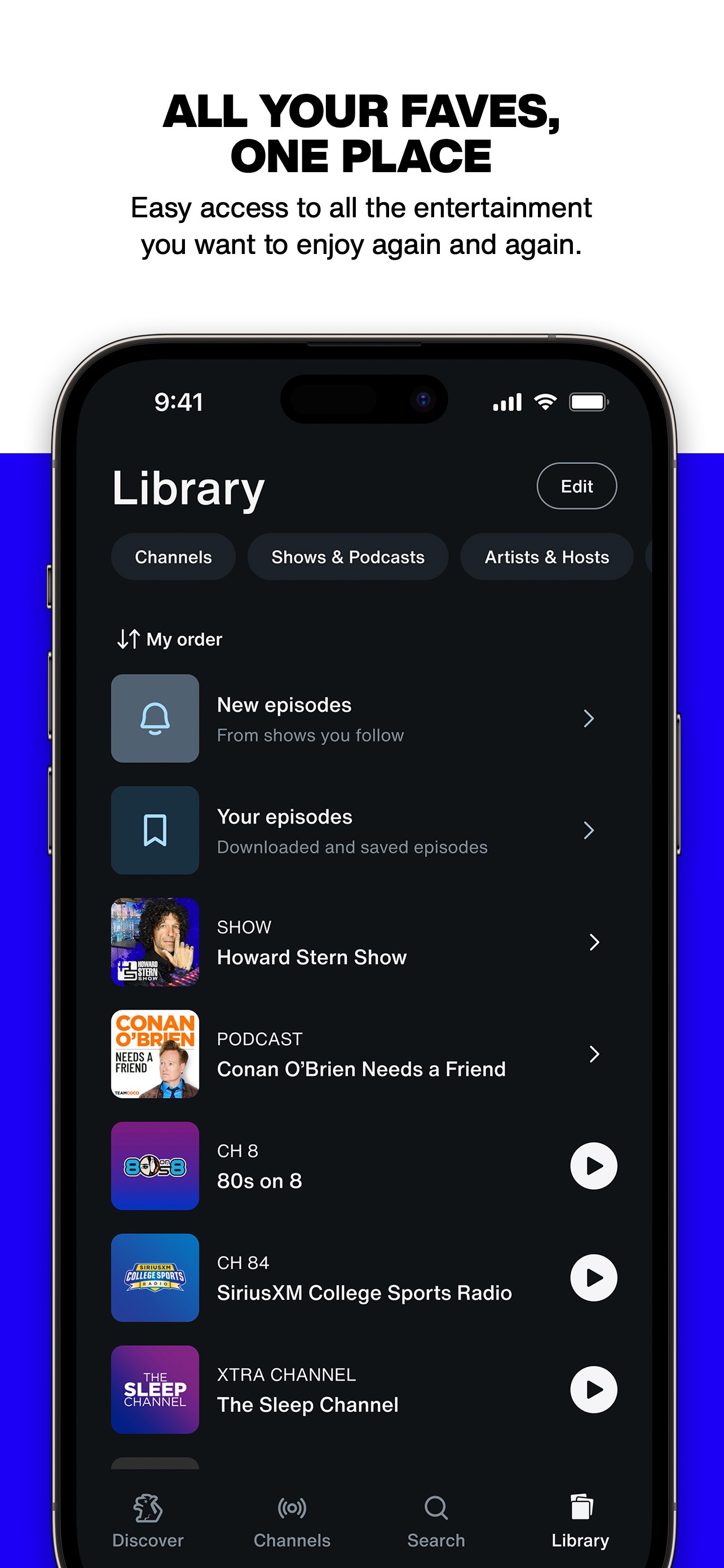 SiriusXM App Store screenshot 5: ALL YOUR FAVES, ONE PLACE Easy access to all the entertainment you want to enjoy again and again.