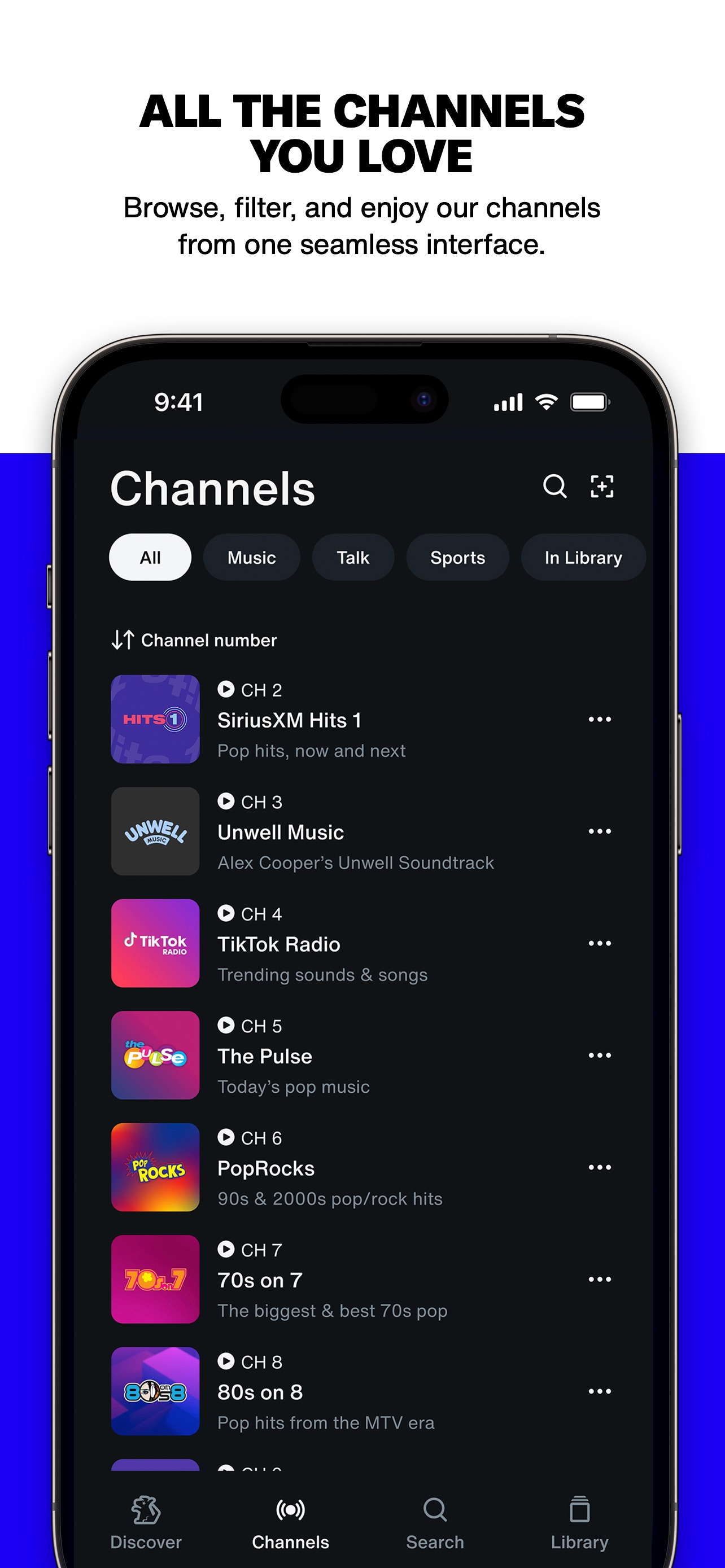 SiriusXM App Store screenshot 9: ALL THE CHANNELS YOU LOVE Browse, filter, and enjoy our channels from one seamless interface.