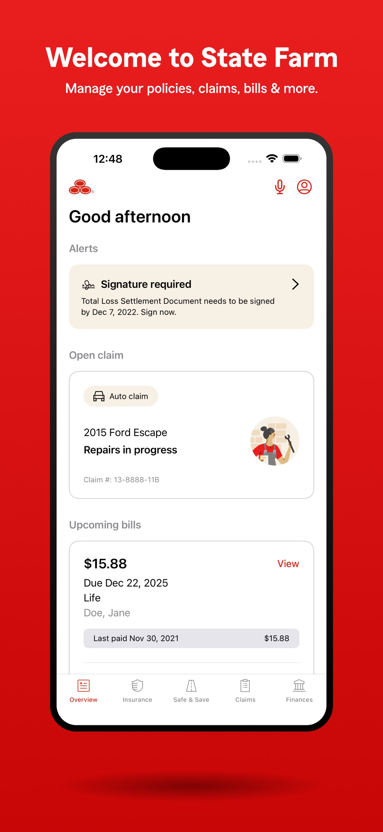 State Farm App Store screenshot: Welcome to State Farm
Manage your policies, claims, bills & more.