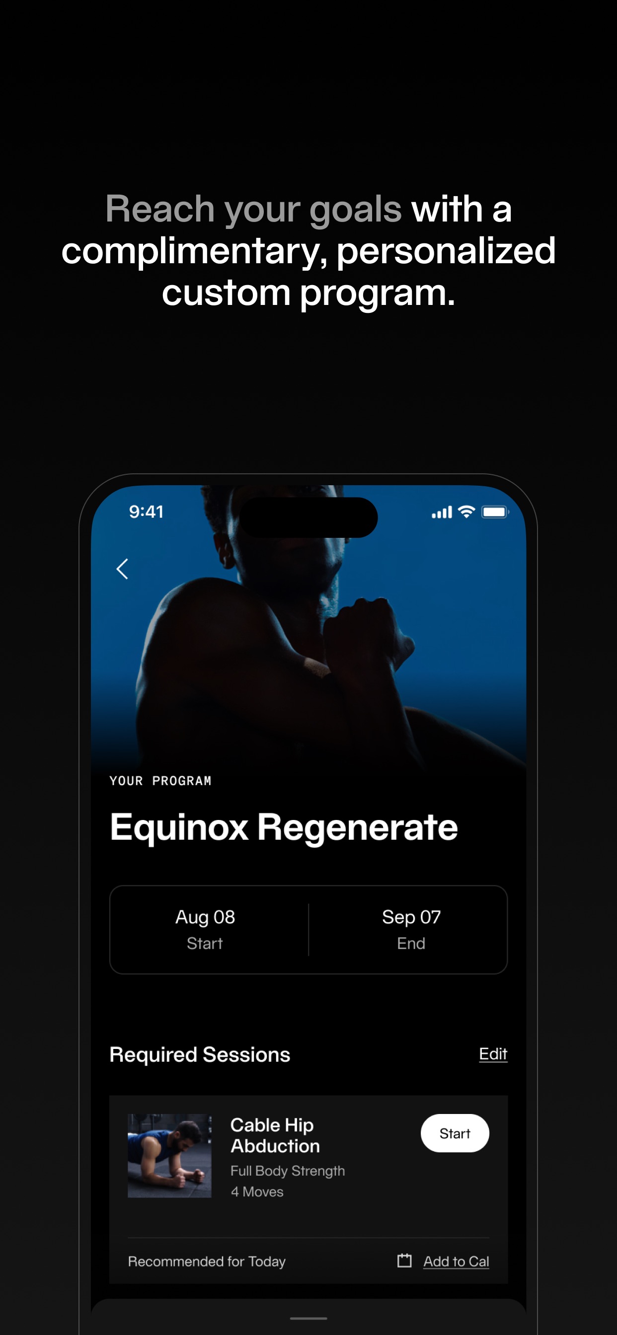 Equinox+ App Store screenshot: Reach your goals with a complimentary, personalized custom program.
