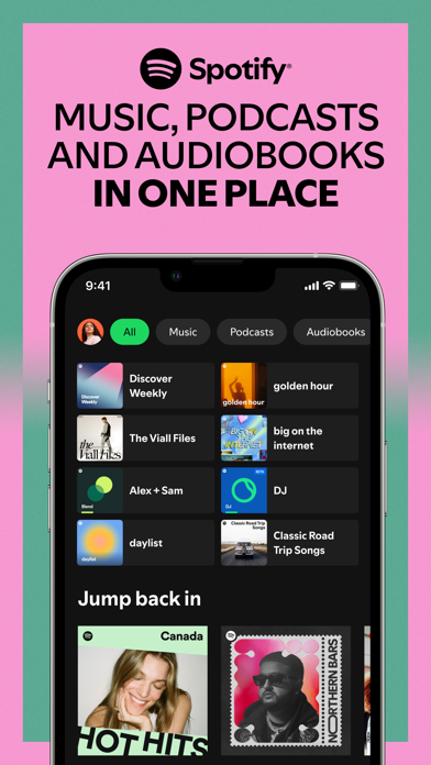 Spotify App Store screenshot: MUSIC, PODCASTS AND AUDIOBOOKS IN ONE PLACE