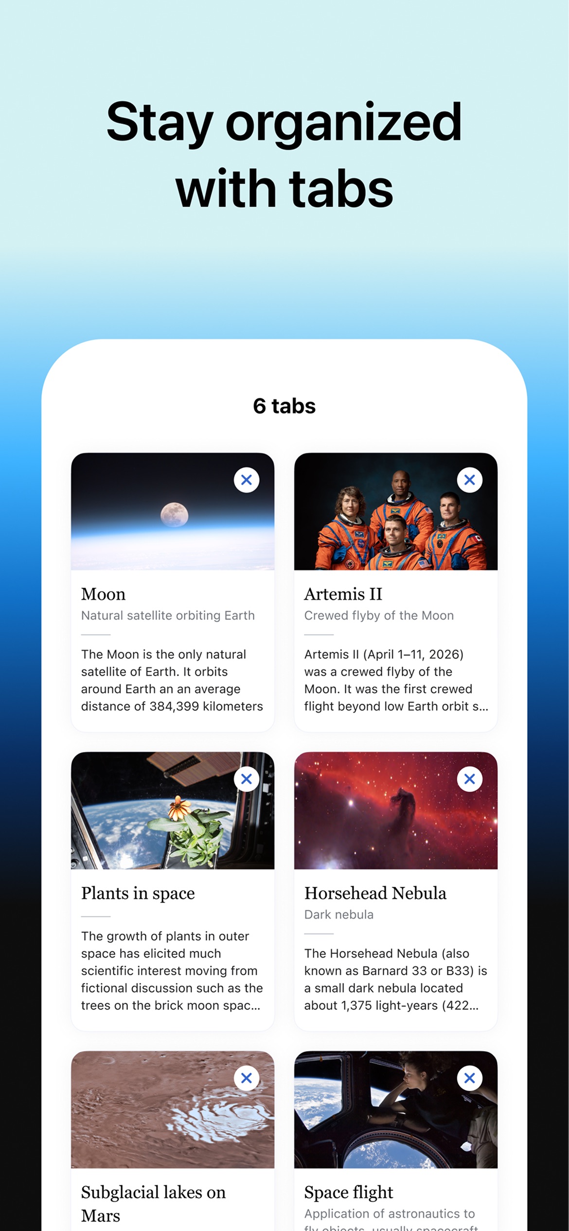 Wikipedia App Store screenshot: Stay organized with tabs