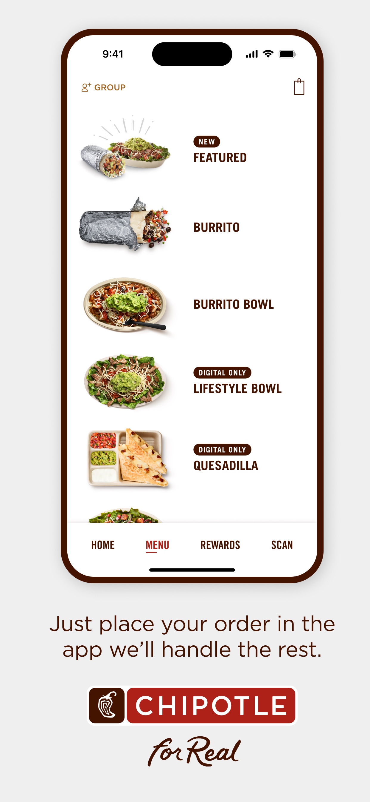 Chipotle App Store screenshot 8: Just place your order in the app we’ll handle the rest.
