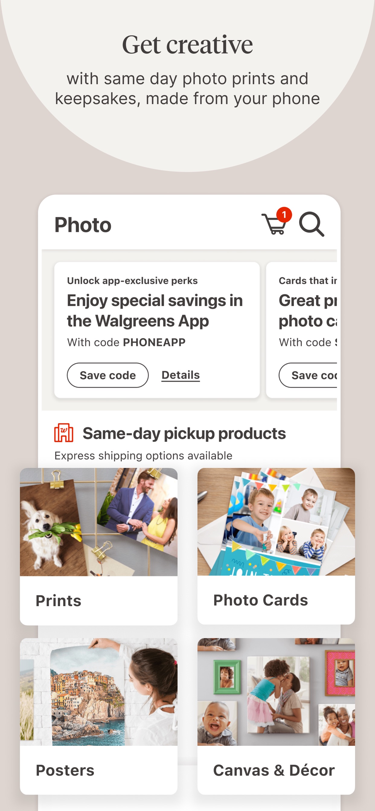 Walgreens App Store screenshot 6: Get creative with same day photo prints and keepsakes, made from your phone