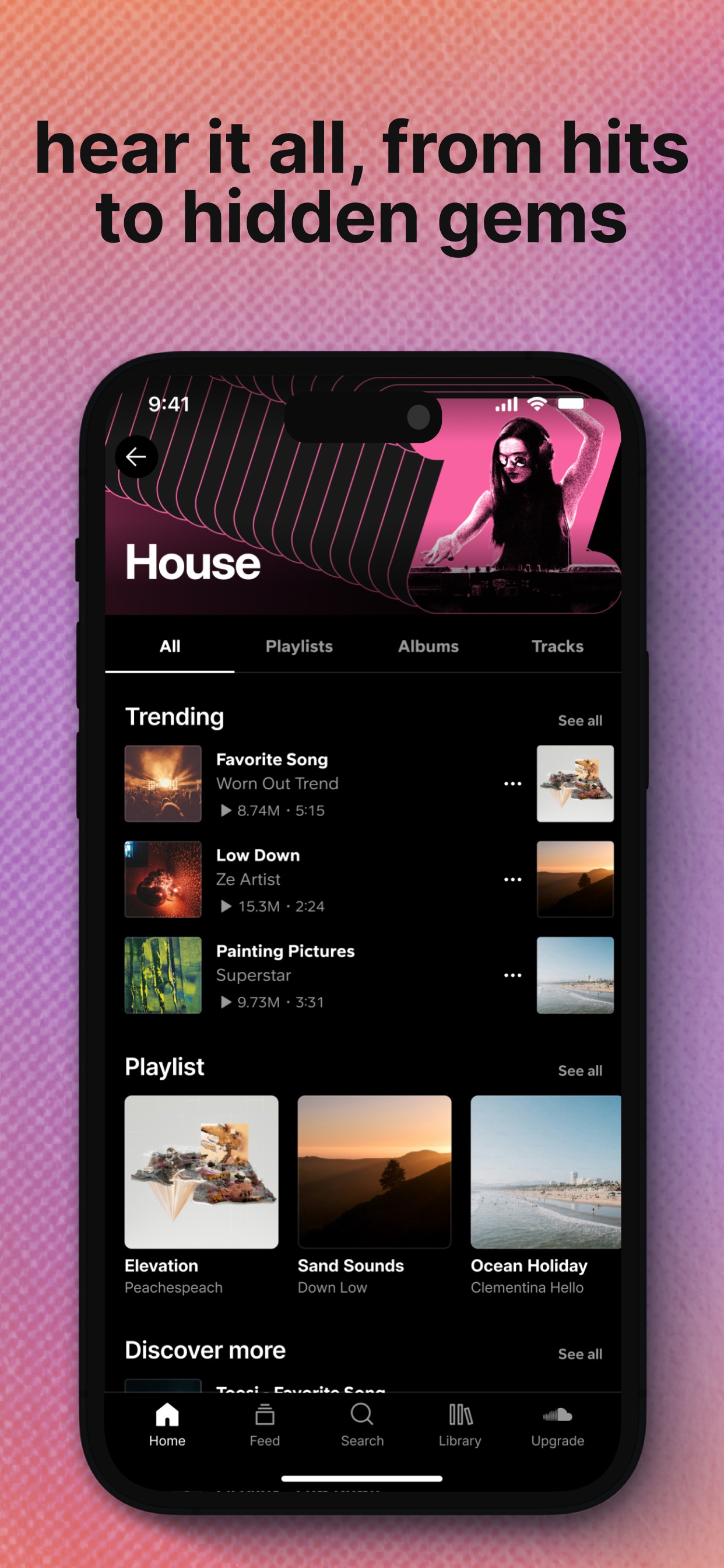 SoundCloud App Store screenshot: hear it all, from hits to hidden gems