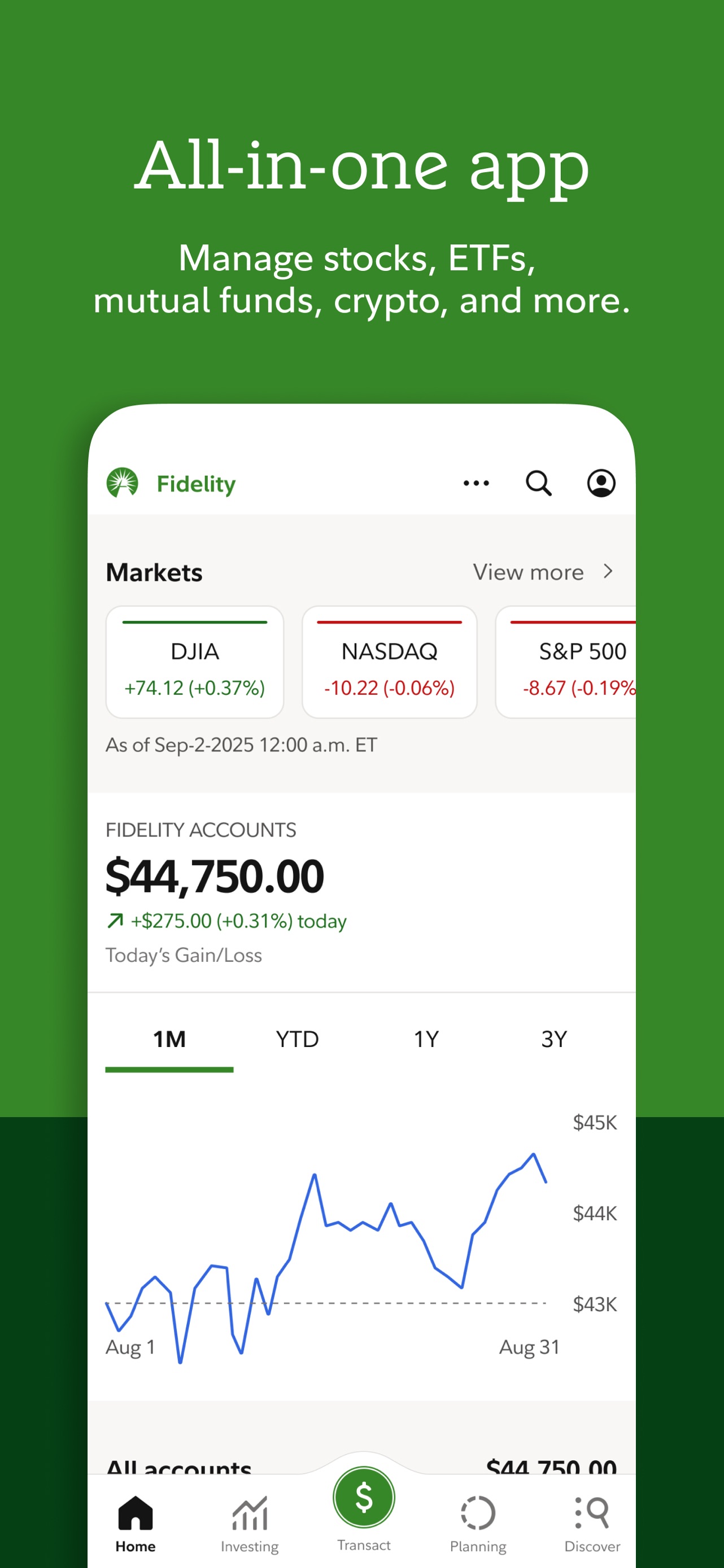 Fidelity App Store screenshot: All-in-one app Manage stocks, ETFs, mutual funds, crypto, and more.