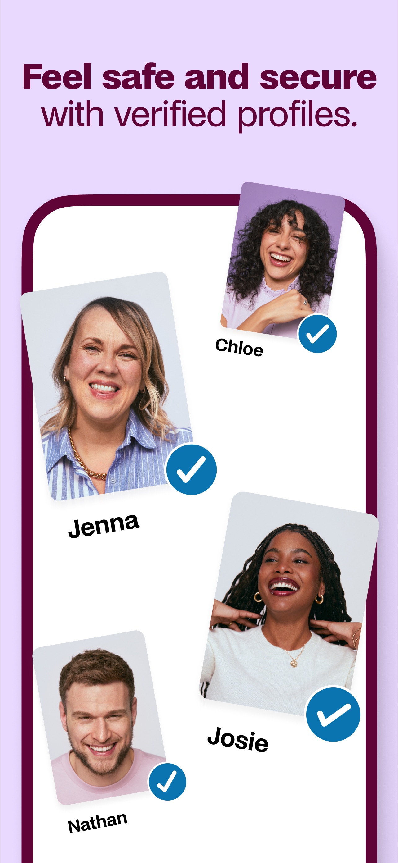 Badoo App Store screenshot: Feel safe and secure with verified profiles.