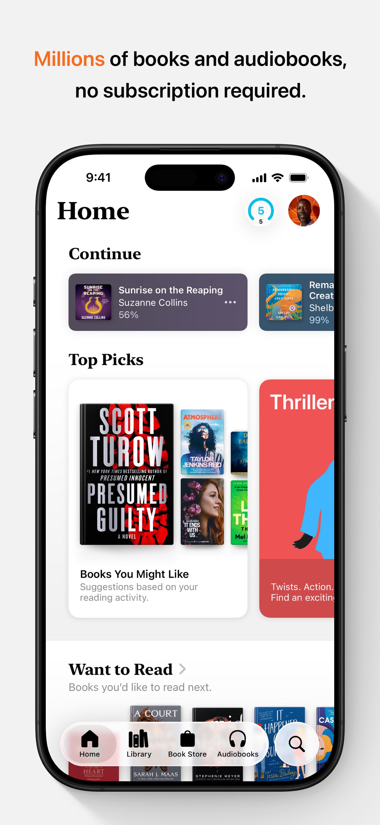 Apple Books App Store screenshot: Millions of books and audiobooks, no subscription required.