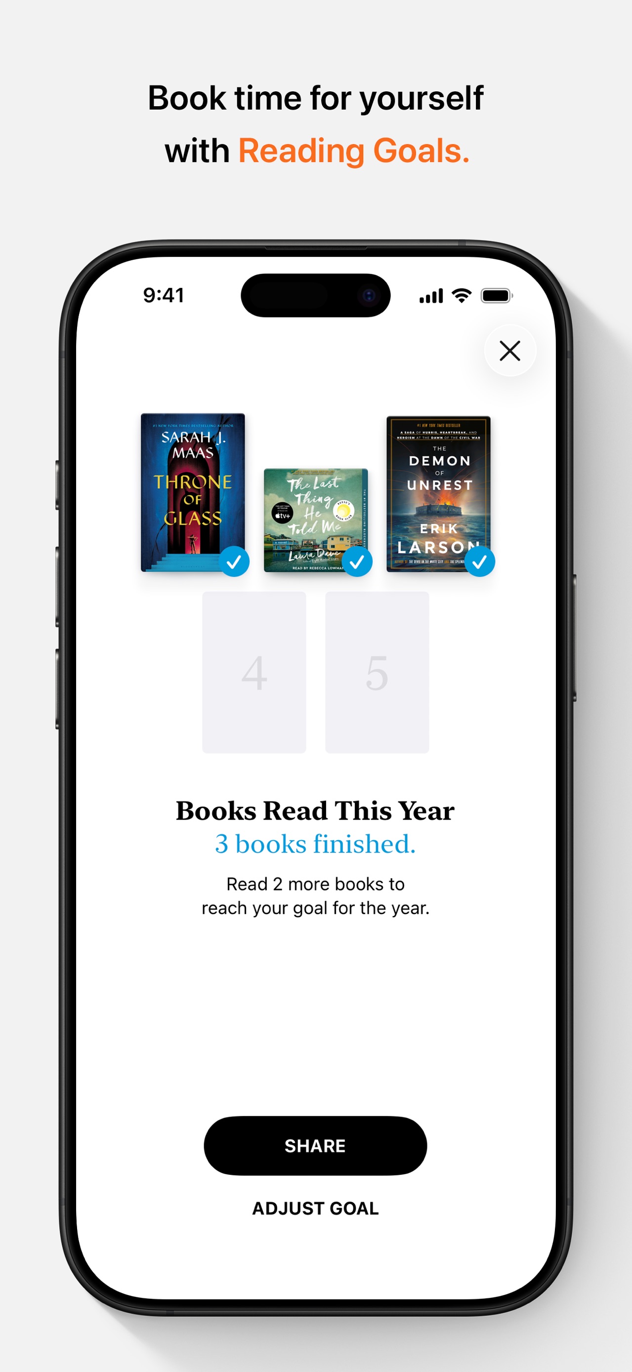 Apple Books App Store screenshot 5: Book time for yourself with Reading Goals.
