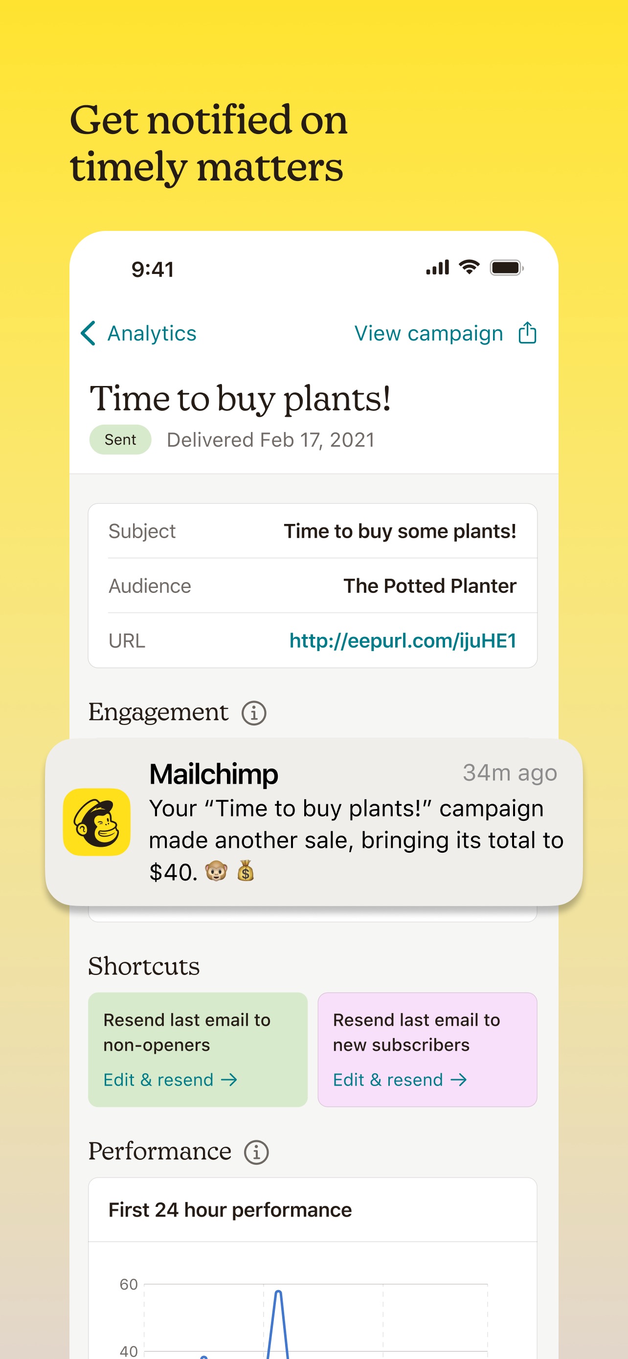 Mailchimp App Store screenshot: Get notified on timely matters