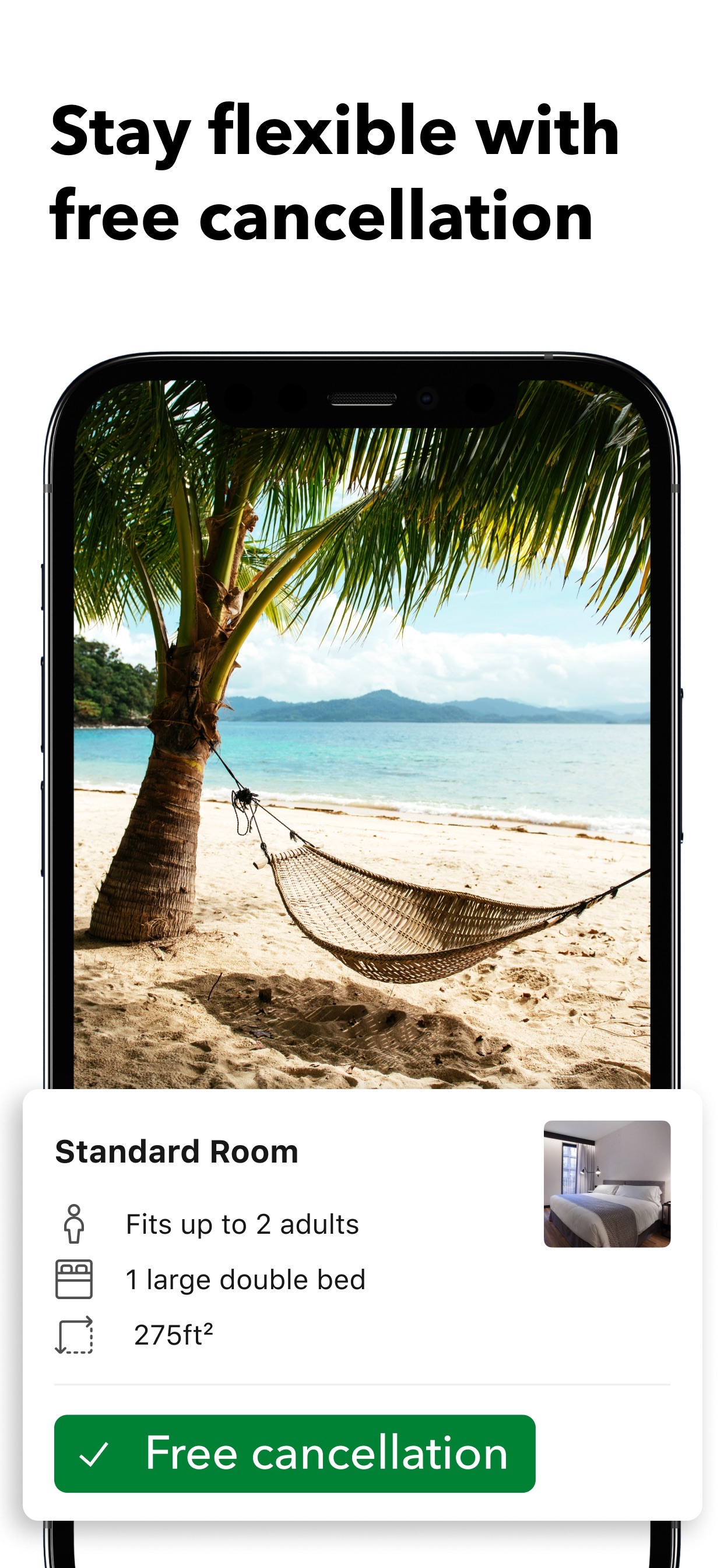 Booking.com App Store screenshot: Stay flexible with free cancellation