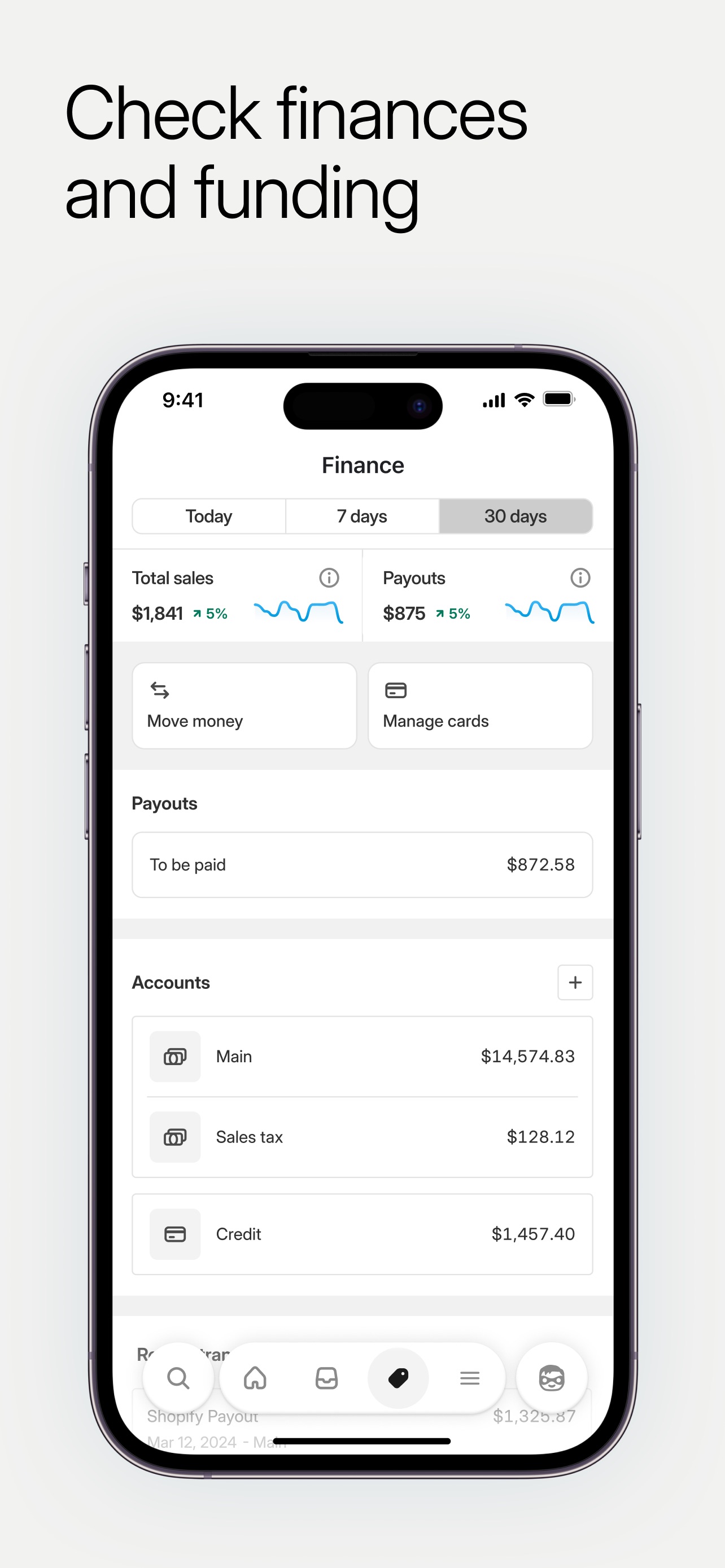 Shopify App Store screenshot 7: Check finances and funding