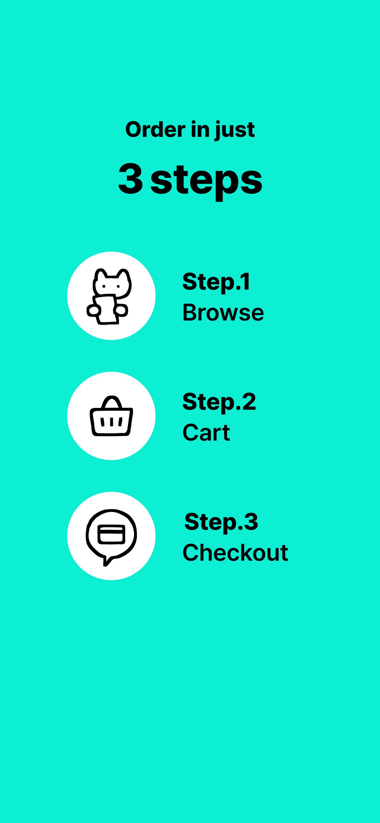 Baemin App Store screenshot: Order in just 3 steps Step.1 Browse Step.2 Cart Step.3 Checkout