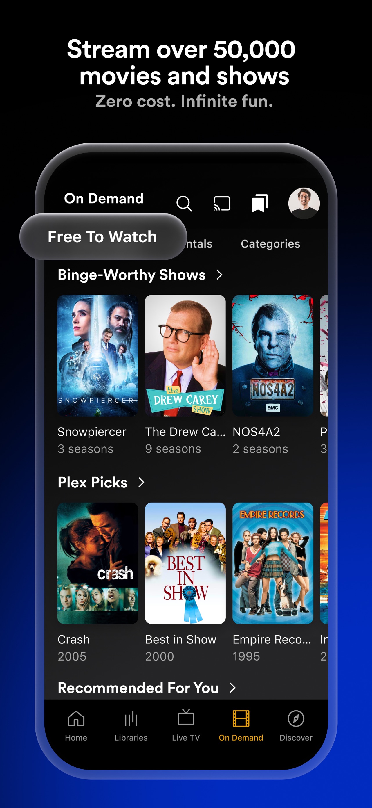 Plex App Store screenshot 6: Stream over 50,000 movies and shows Zero cost. Infinite fun.