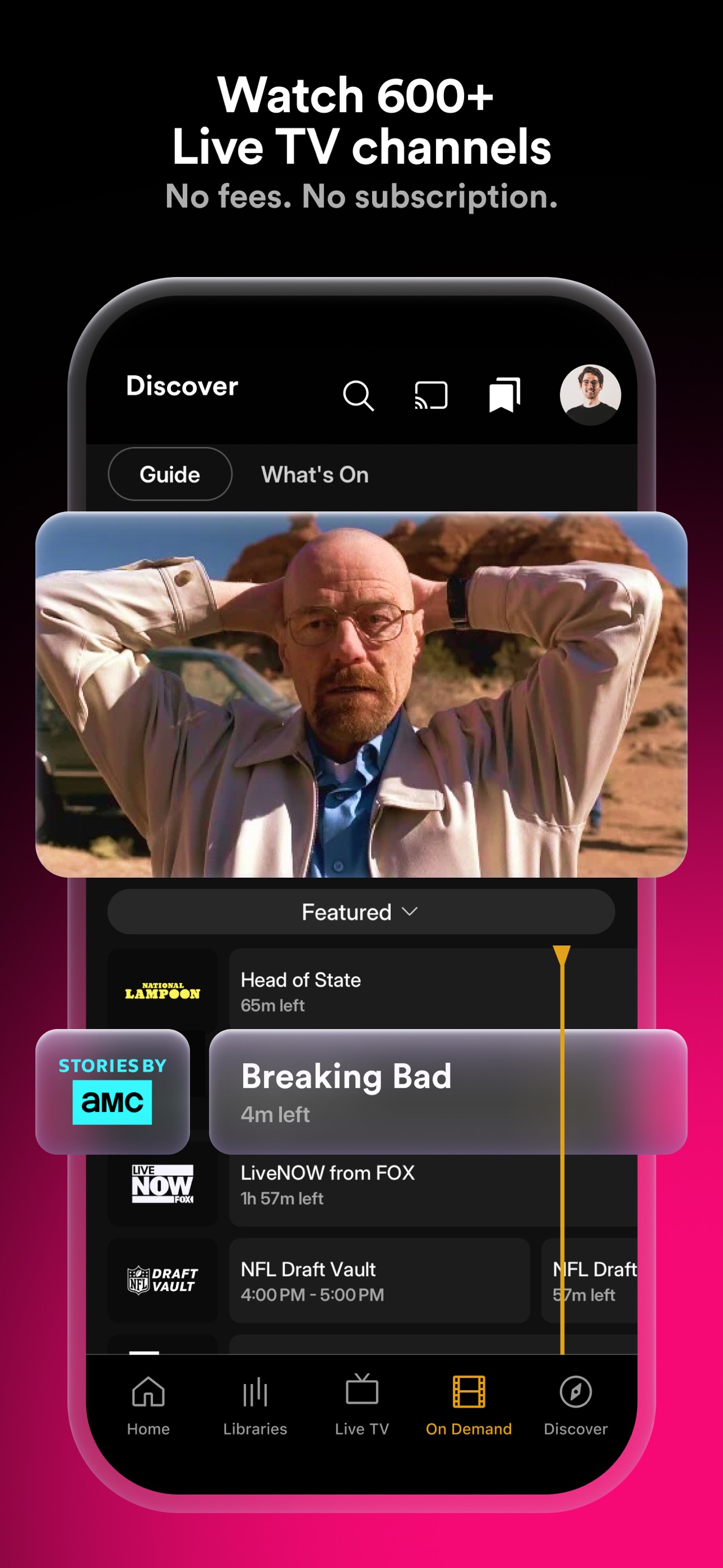 Plex App Store screenshot: Watch 600+ Live TV channels No fees. No subscription.