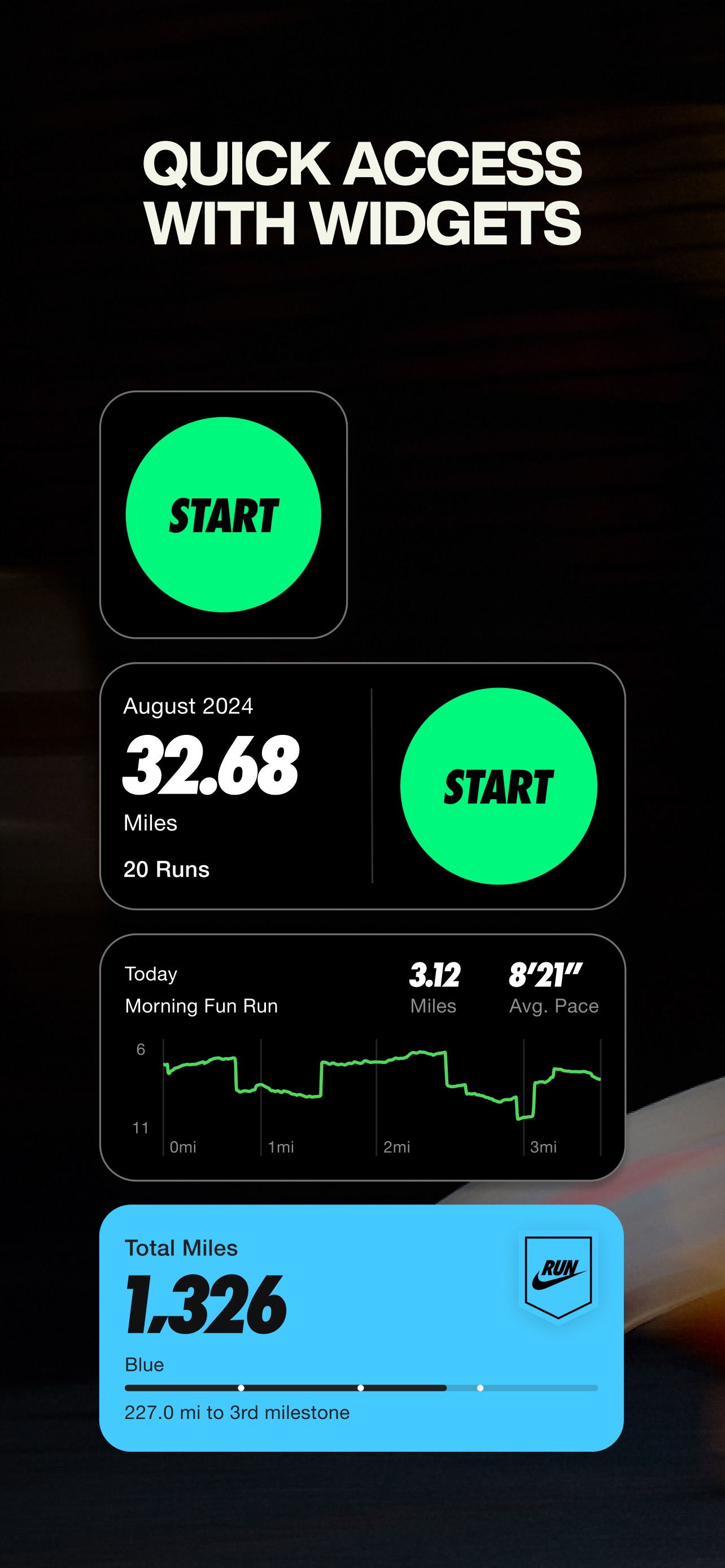 Nike Run Club App Store screenshot: QUICK ACCESS WITH WIDGETS