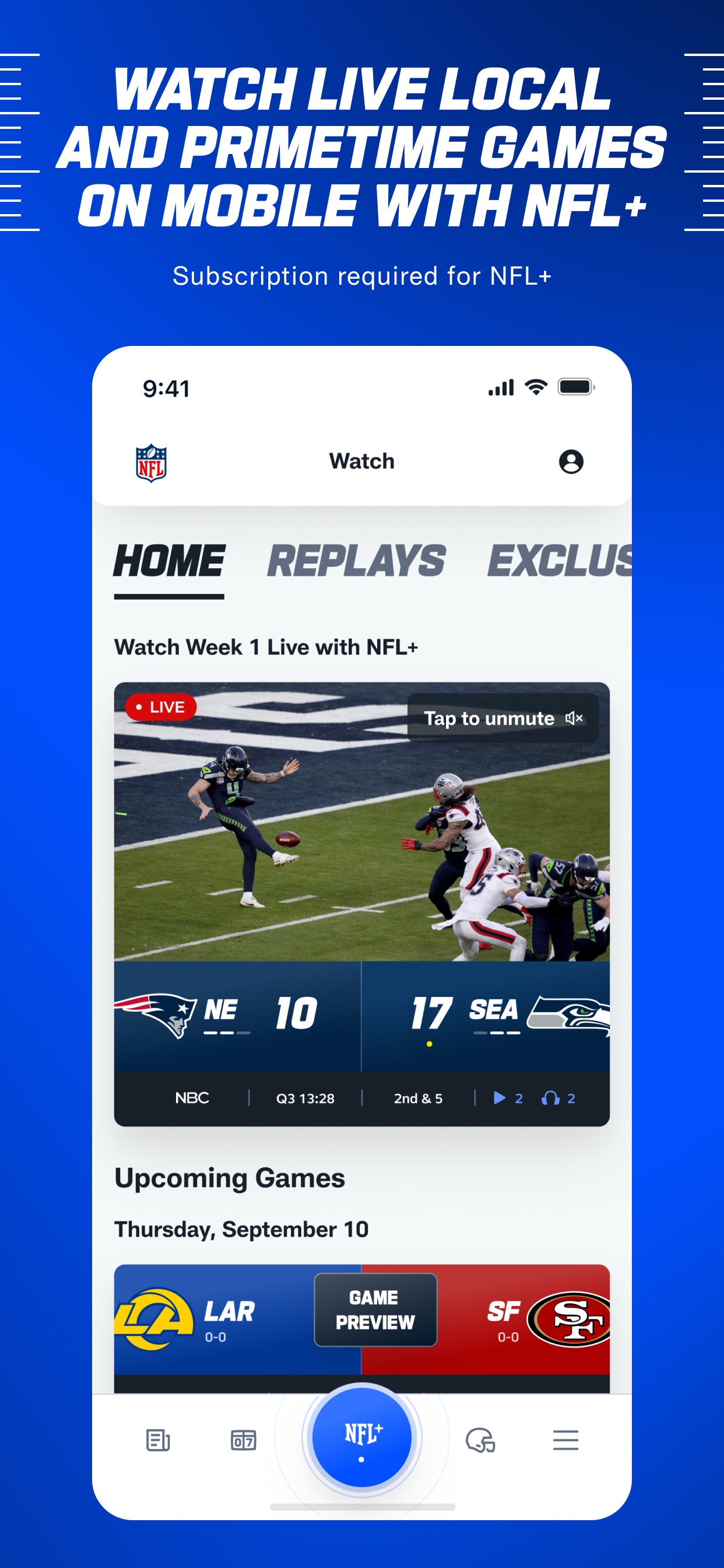 NFL App Store screenshot: WATCH LIVE LOCAL AND PRIMETIME GAMES ON MOBILE WITH NFL+