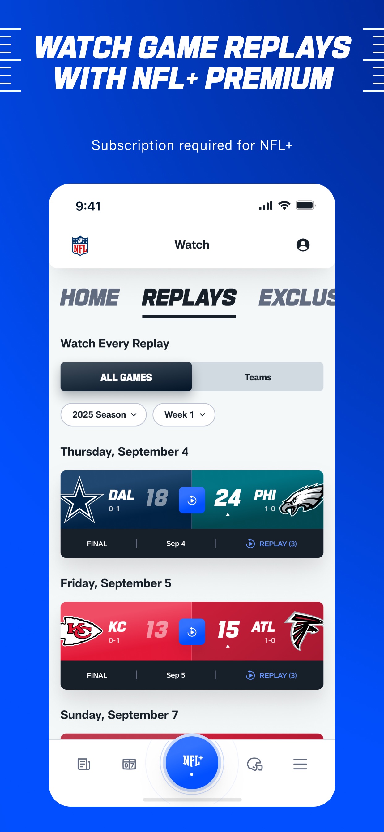 NFL App Store screenshot 6: WATCH GAME REPLAYS WITH NFL+ PREMIUM
